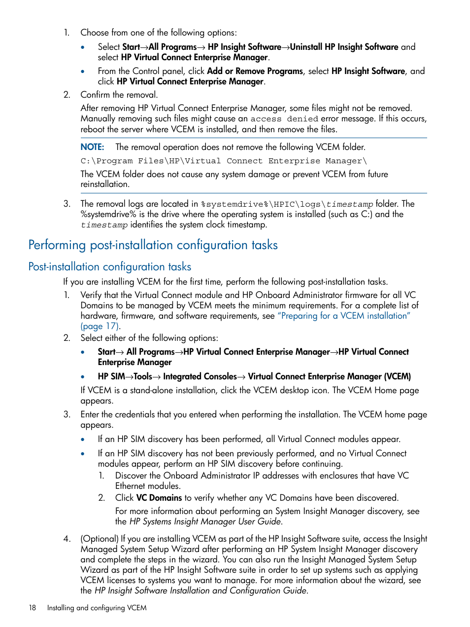 Performing post-installation configuration tasks, Post-installation configuration tasks | HP Insight Management-Software User Manual | Page 18 / 152