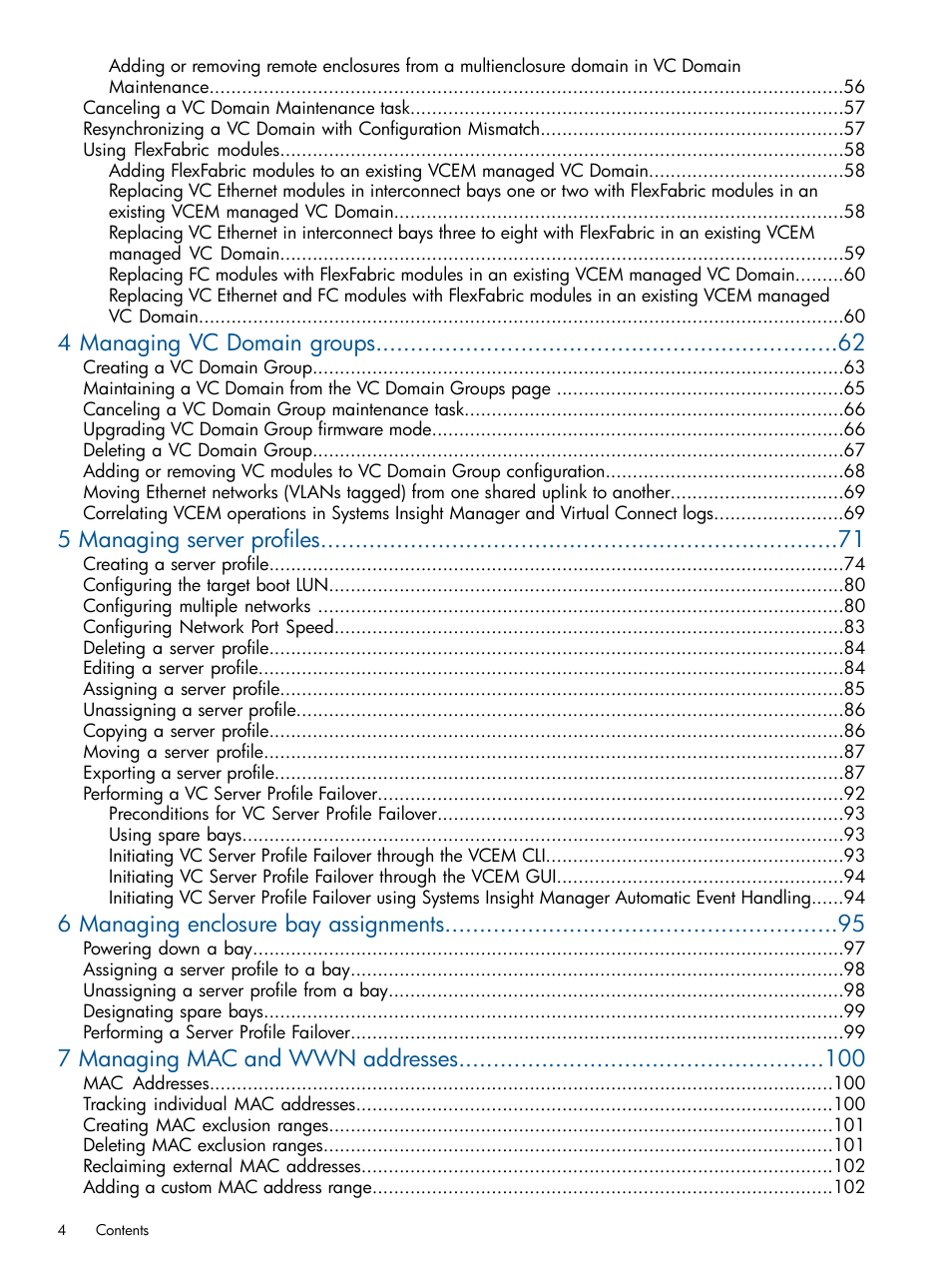 4 managing vc domain groups, 5 managing server profiles, 6 managing enclosure bay assignments | 7 managing mac and wwn addresses | HP Insight Management-Software User Manual | Page 4 / 152