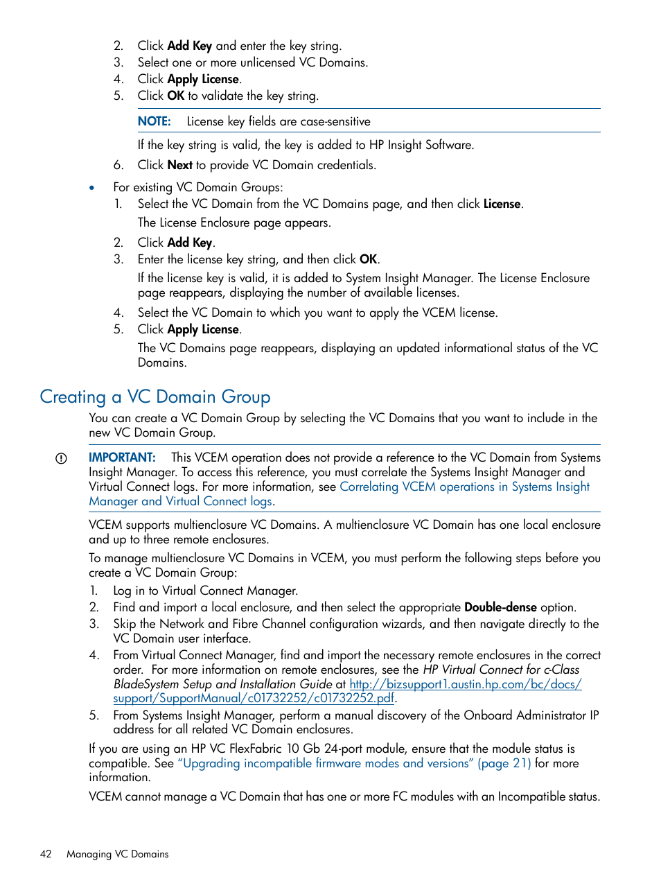 Creating a vc domain group, Creating a vc domain | HP Insight Management-Software User Manual | Page 42 / 152