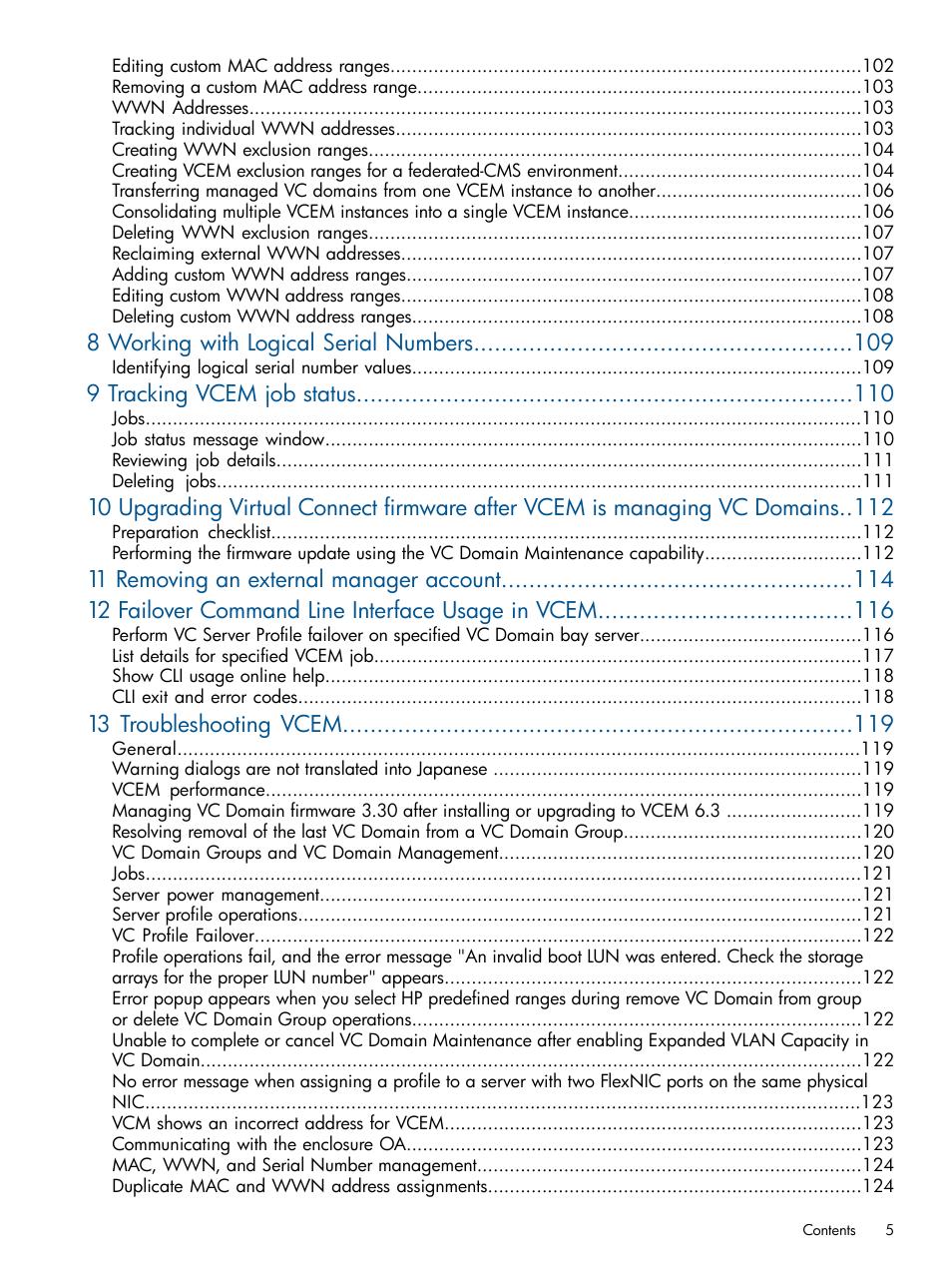 8 working with logical serial numbers, 9 tracking vcem job status, 13 troubleshooting vcem | HP Insight Management-Software User Manual | Page 5 / 152