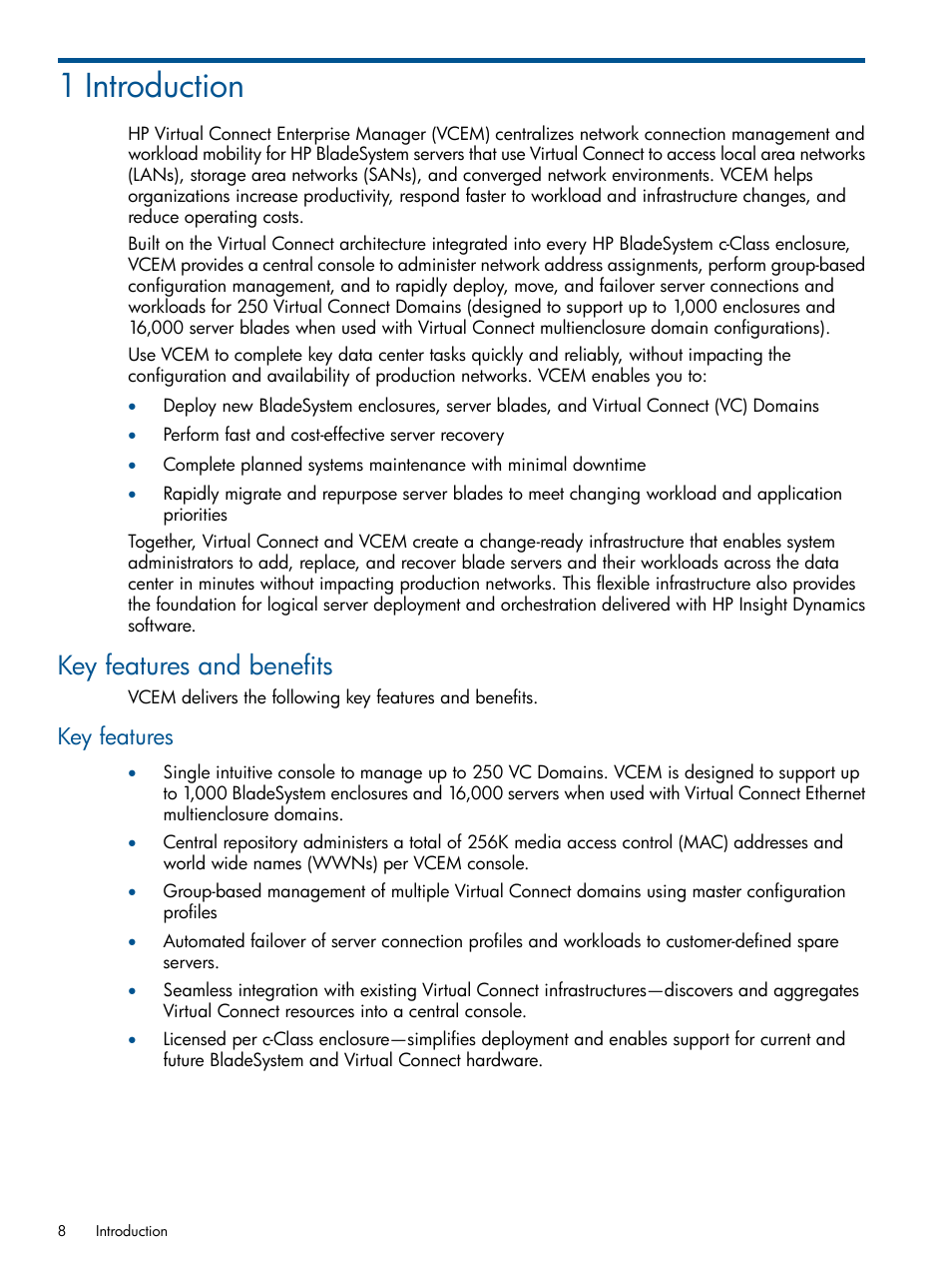 1 introduction, Key features and benefits, Key features | HP Insight Management-Software User Manual | Page 8 / 152