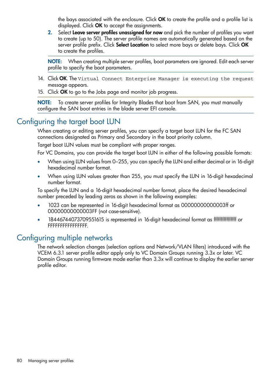 Configuring the target boot lun, Configuring multiple networks | HP Insight Management-Software User Manual | Page 80 / 152