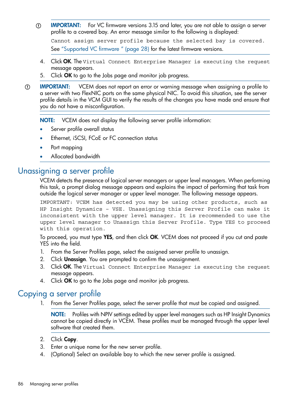 Unassigning a server profile, Copying a server profile | HP Insight Management-Software User Manual | Page 86 / 152