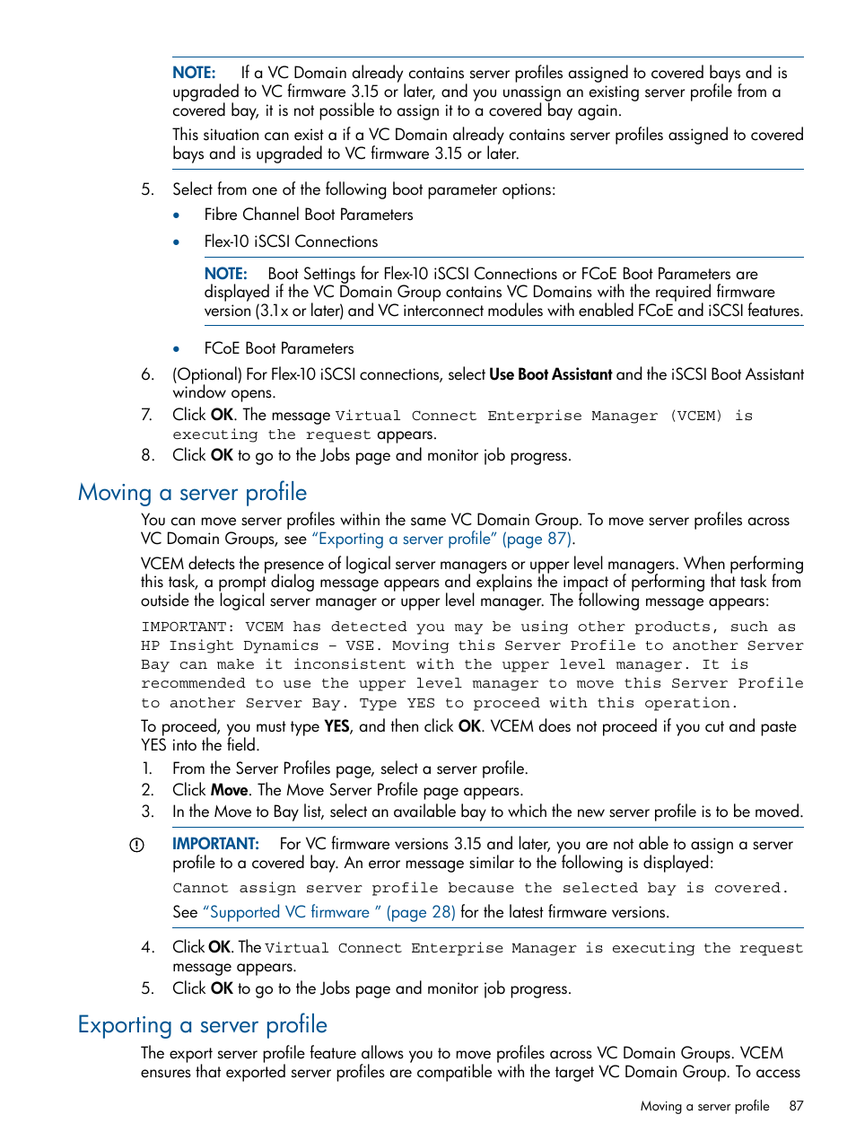 Moving a server profile, Exporting a server profile, Moving a server profile exporting a server profile | HP Insight Management-Software User Manual | Page 87 / 152