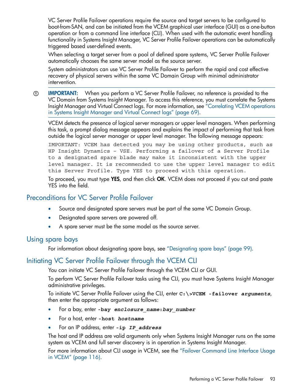 Preconditions for vc server profile failover, Using spare bays | HP Insight Management-Software User Manual | Page 93 / 152