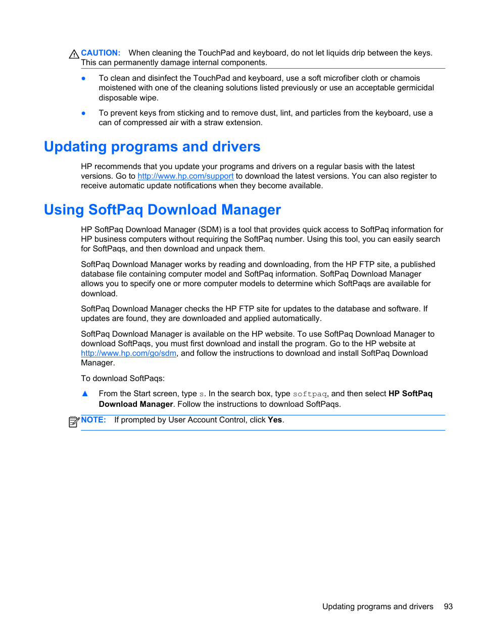 Updating programs and drivers, Using softpaq download manager | HP EliteBook 8770w Mobile Workstation User Manual | Page 105 / 128