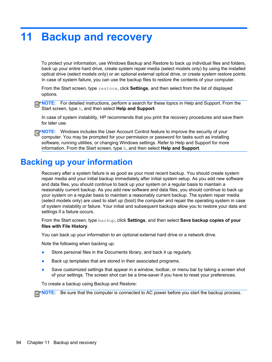 Backup and recovery, Backing up your information, 11 backup and recovery | Backup and | HP EliteBook 8770w Mobile Workstation User Manual | Page 106 / 128