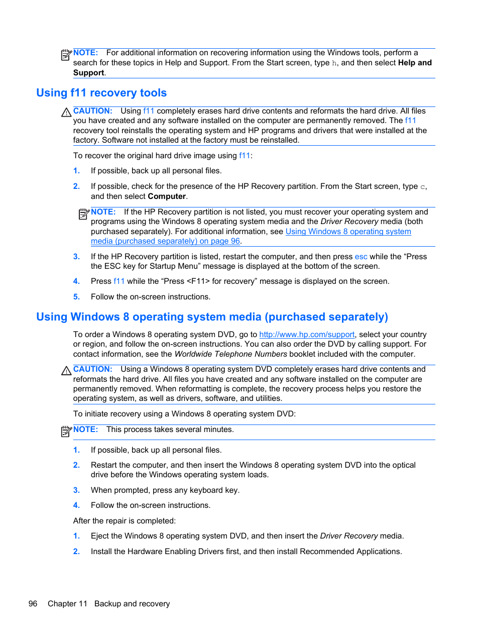 Using f11 recovery tools, Using, Using windows 8 | HP EliteBook 8770w Mobile Workstation User Manual | Page 108 / 128