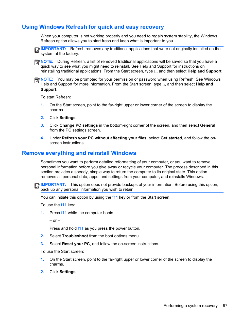 Using windows refresh for quick and easy recovery, Remove everything and reinstall windows | HP EliteBook 8770w Mobile Workstation User Manual | Page 109 / 128