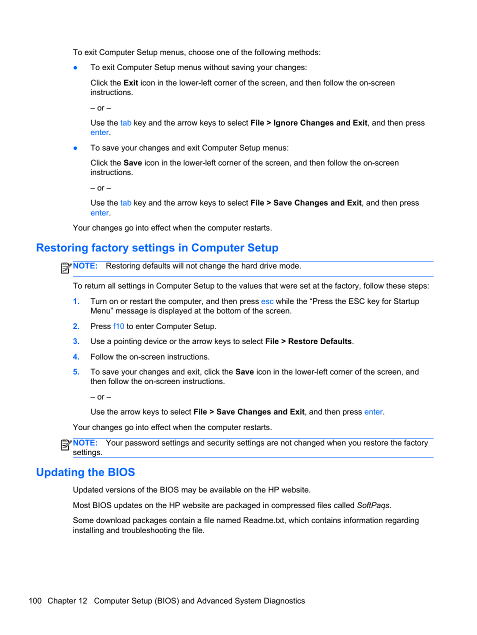 Restoring factory settings in computer setup, Updating the bios | HP EliteBook 8770w Mobile Workstation User Manual | Page 112 / 128