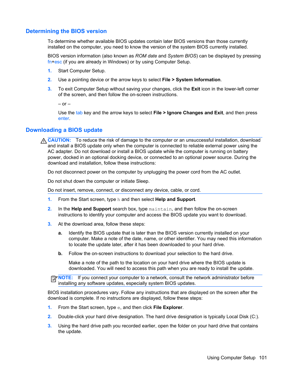 Determining the bios version, Downloading a bios update | HP EliteBook 8770w Mobile Workstation User Manual | Page 113 / 128