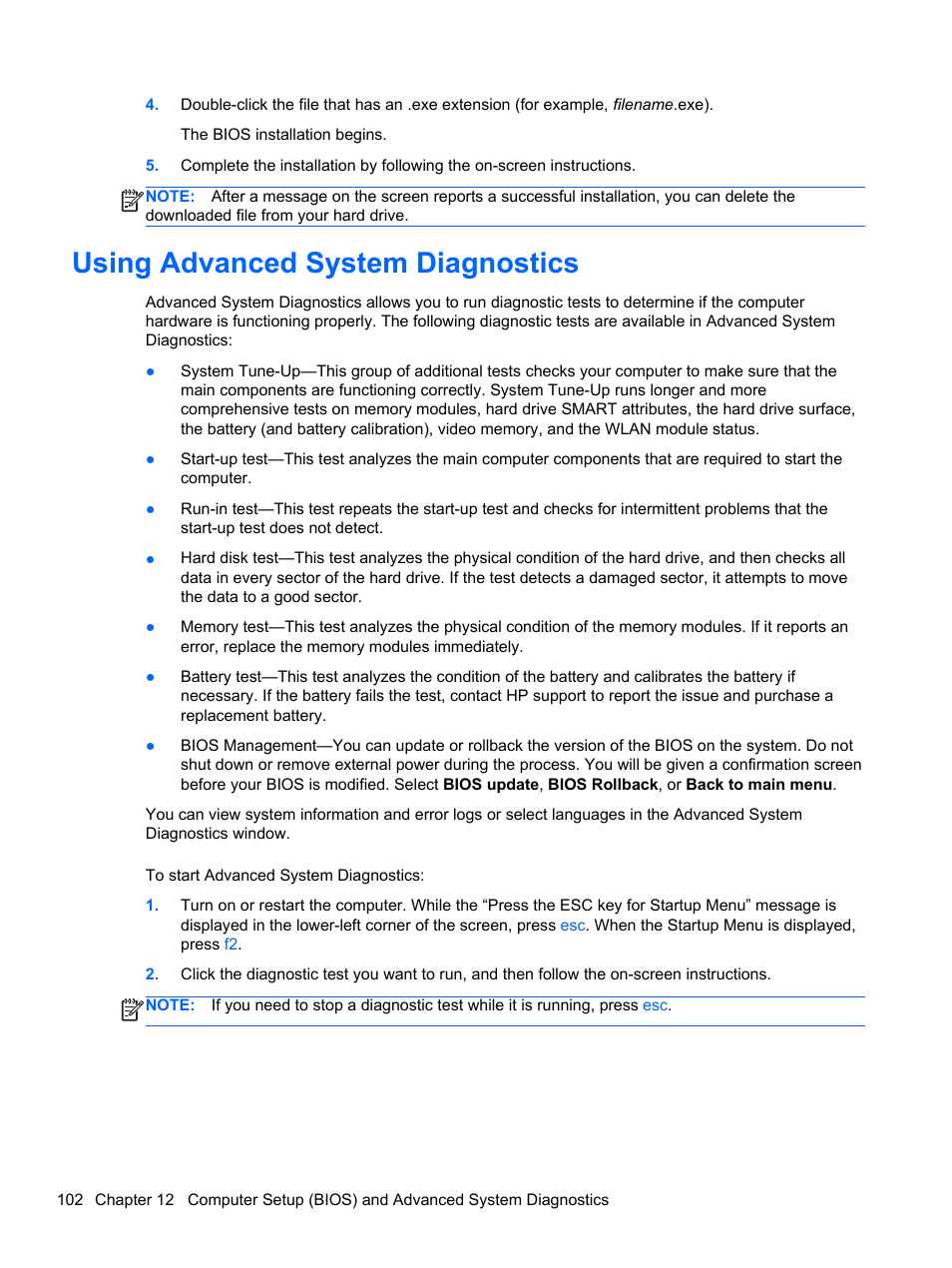 Using advanced system diagnostics | HP EliteBook 8770w Mobile Workstation User Manual | Page 114 / 128