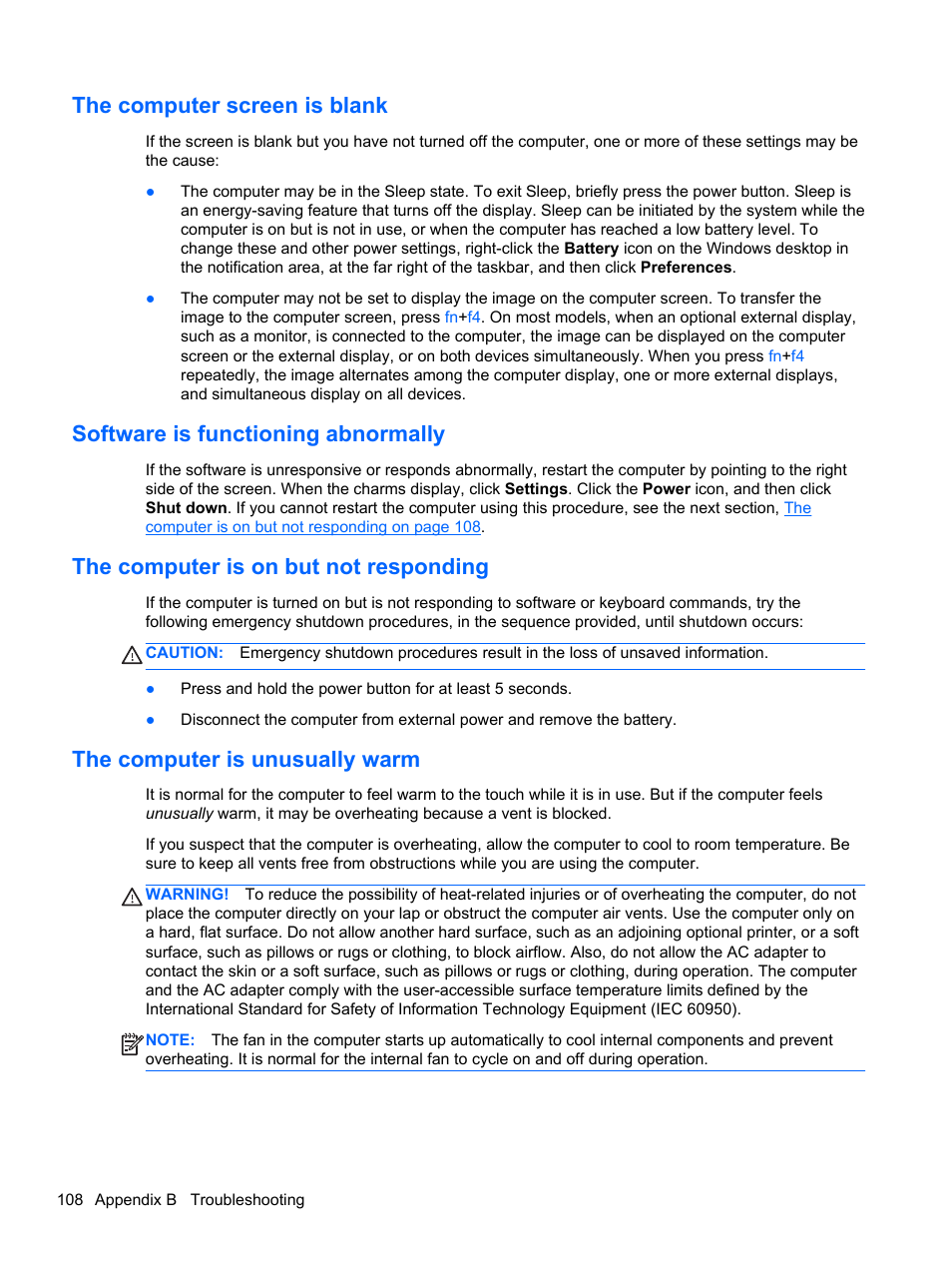 The computer screen is blank, Software is functioning abnormally, The computer is on but not responding | The computer is unusually warm | HP EliteBook 8770w Mobile Workstation User Manual | Page 120 / 128