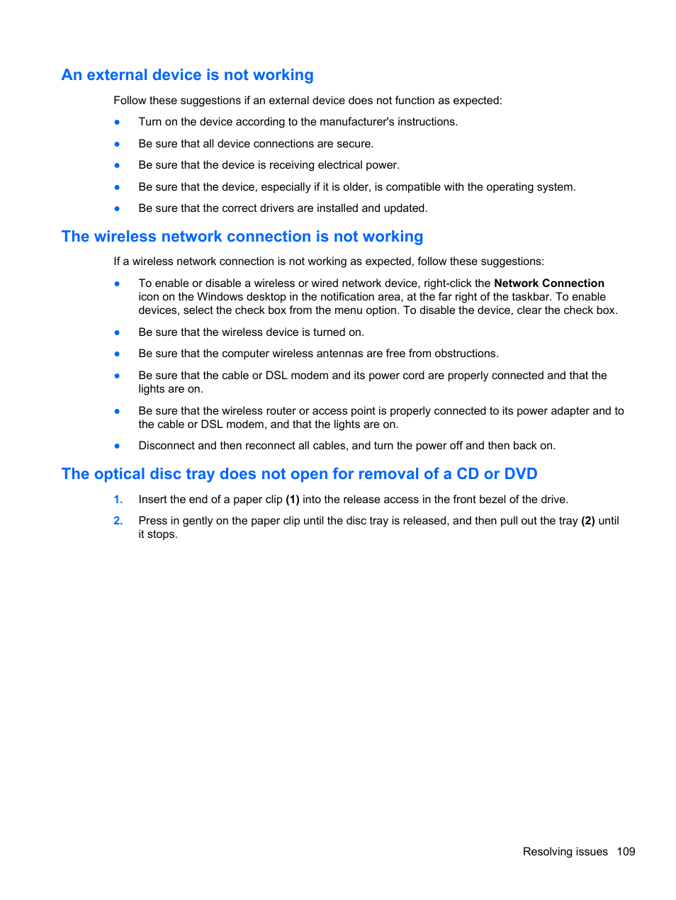 An external device is not working, The wireless network connection is not working | HP EliteBook 8770w Mobile Workstation User Manual | Page 121 / 128