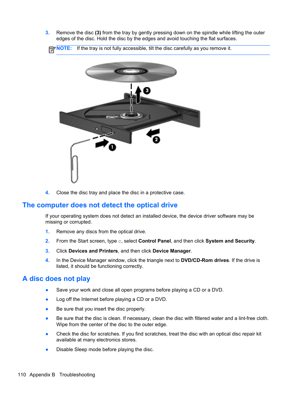 The computer does not detect the optical drive, A disc does not play | HP EliteBook 8770w Mobile Workstation User Manual | Page 122 / 128