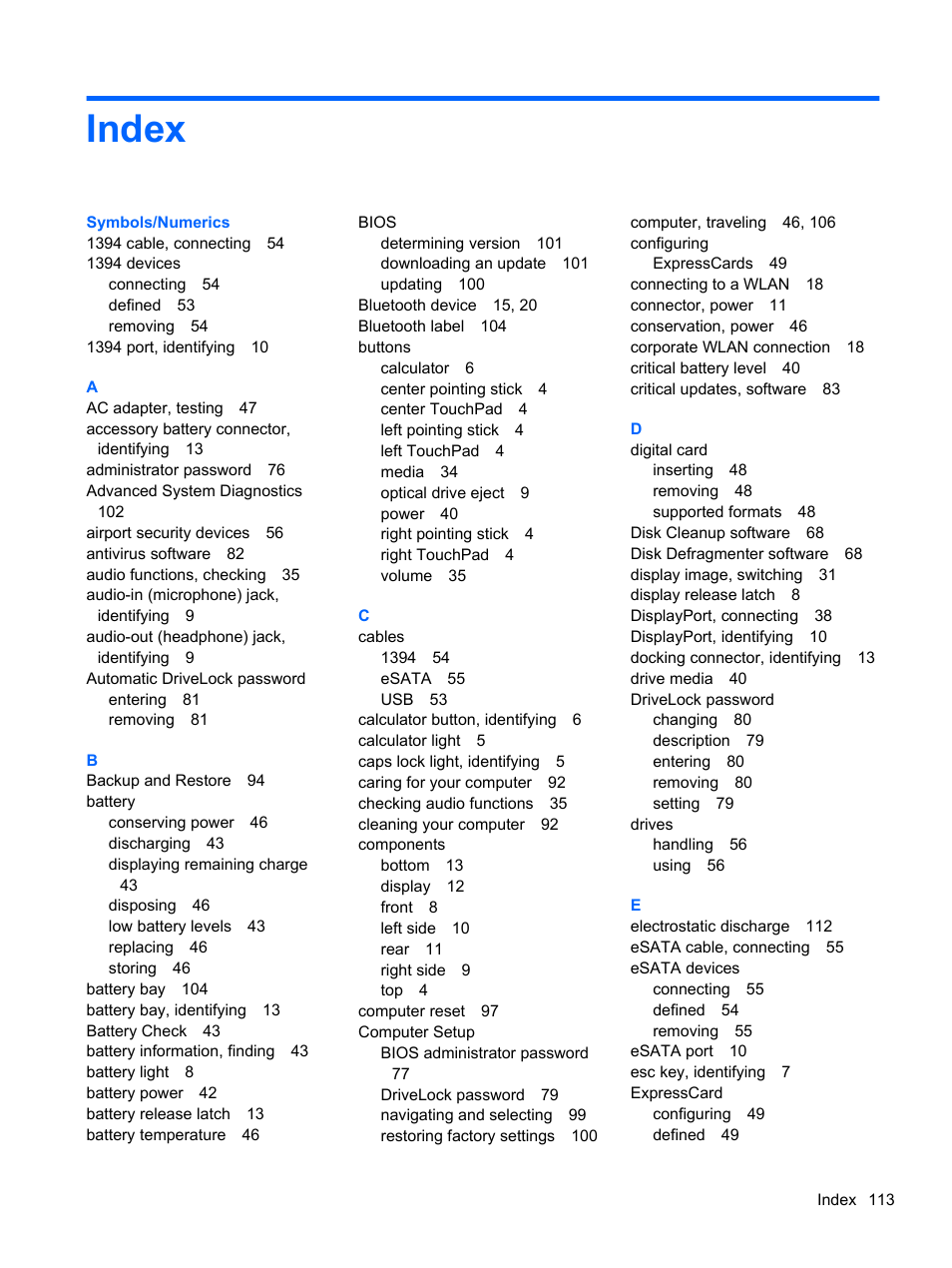 Index | HP EliteBook 8770w Mobile Workstation User Manual | Page 125 / 128