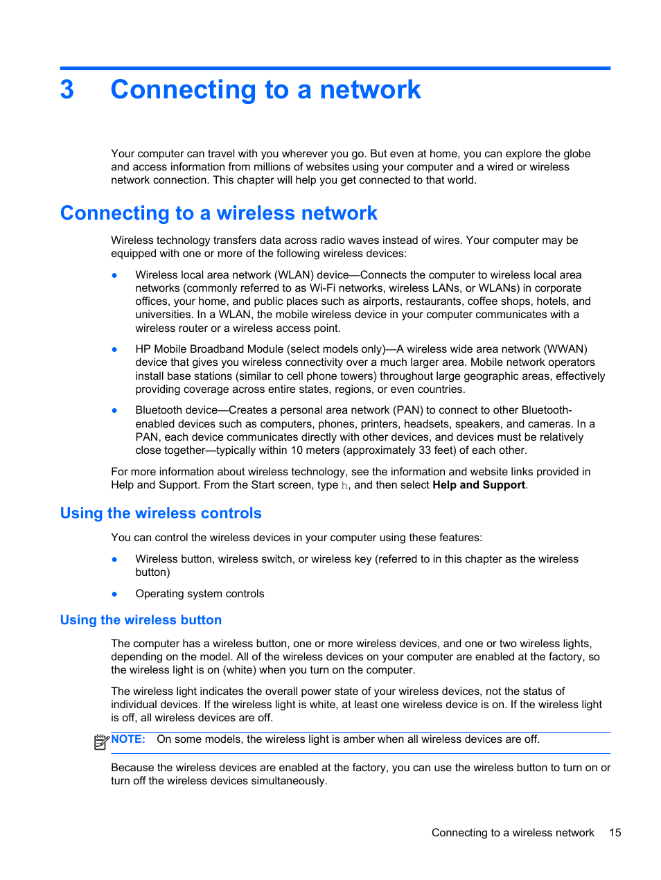 Connecting to a network, Connecting to a wireless network, Using the wireless controls | Using the wireless button, 3 connecting to a network, 3connecting to a network | HP EliteBook 8770w Mobile Workstation User Manual | Page 27 / 128