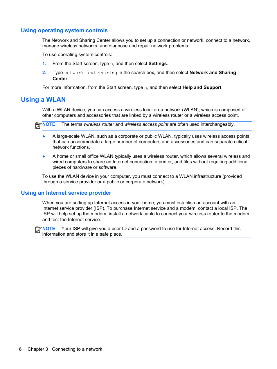 Using operating system controls, Using a wlan, Using an internet service provider | HP EliteBook 8770w Mobile Workstation User Manual | Page 28 / 128