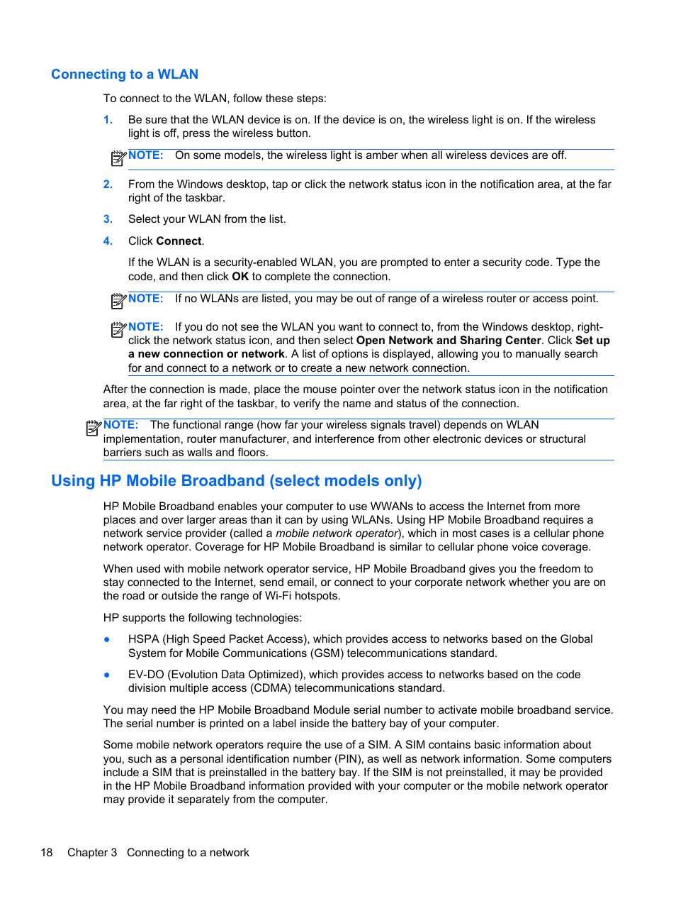 Connecting to a wlan, Using hp mobile broadband (select models only) | HP EliteBook 8770w Mobile Workstation User Manual | Page 30 / 128