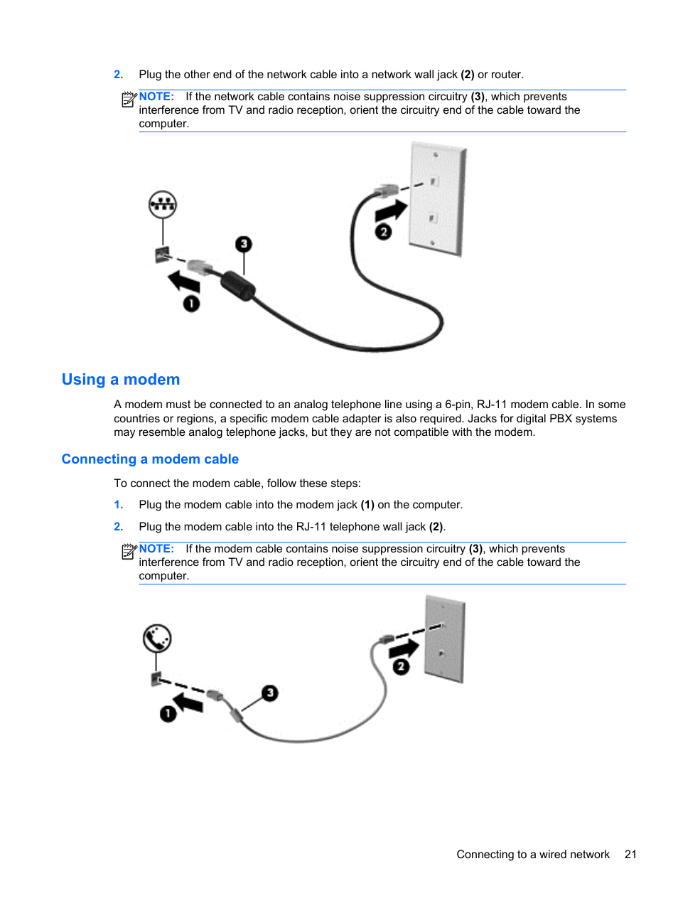 Using a modem, Connecting a modem cable | HP EliteBook 8770w Mobile Workstation User Manual | Page 33 / 128