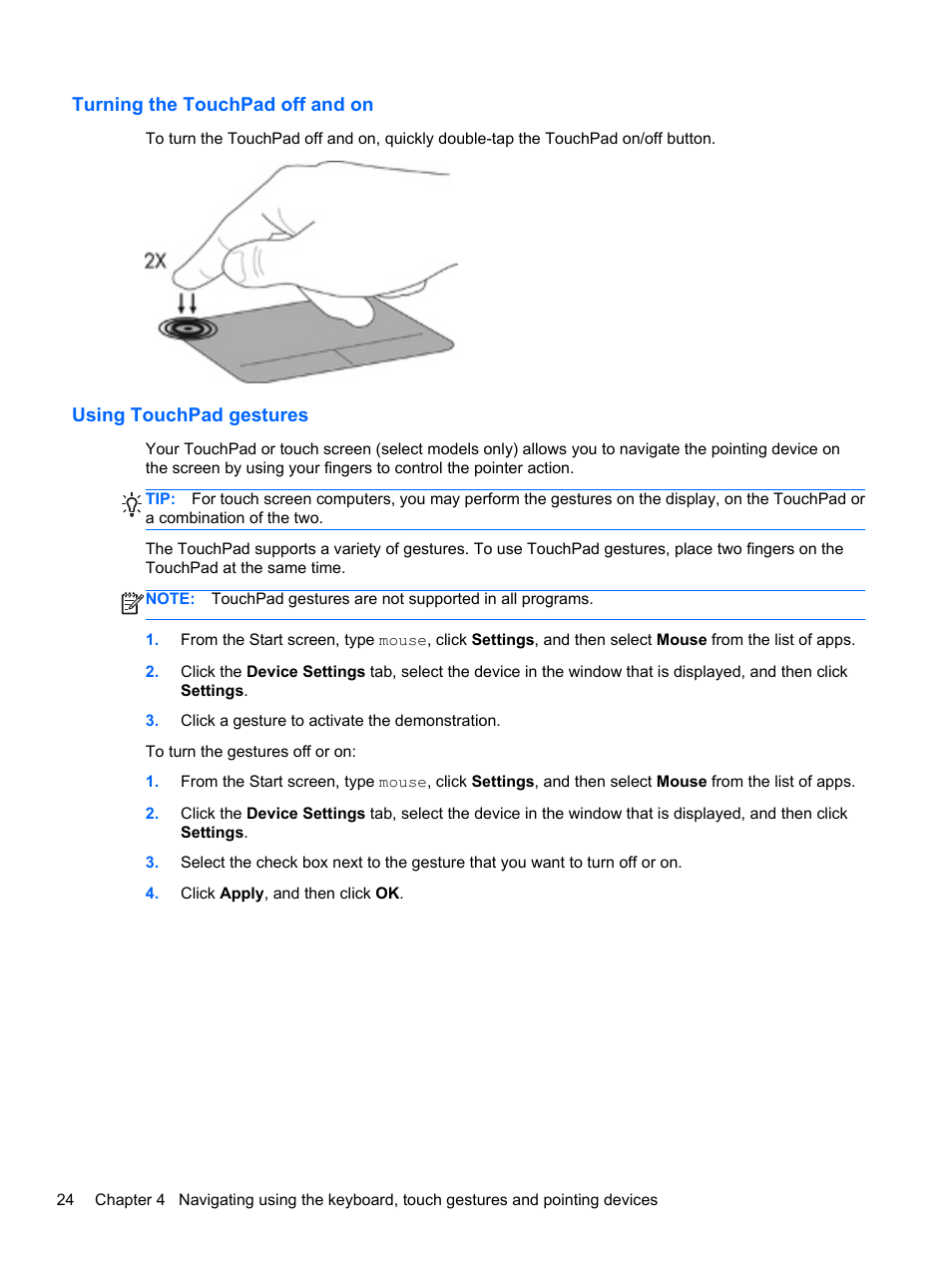 Turning the touchpad off and on, Using touchpad gestures | HP EliteBook 8770w Mobile Workstation User Manual | Page 36 / 128