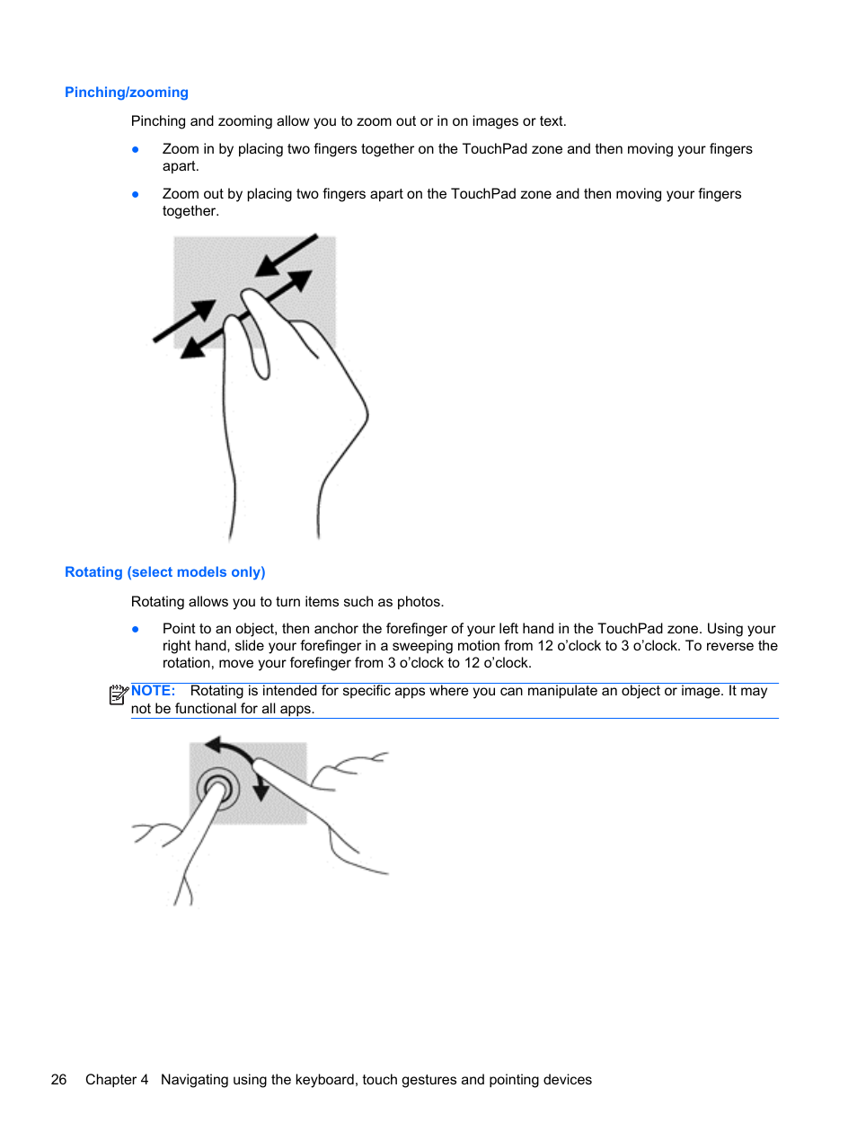 Pinching/zooming, Rotating (select models only), Pinching/zooming rotating (select models only) | HP EliteBook 8770w Mobile Workstation User Manual | Page 38 / 128