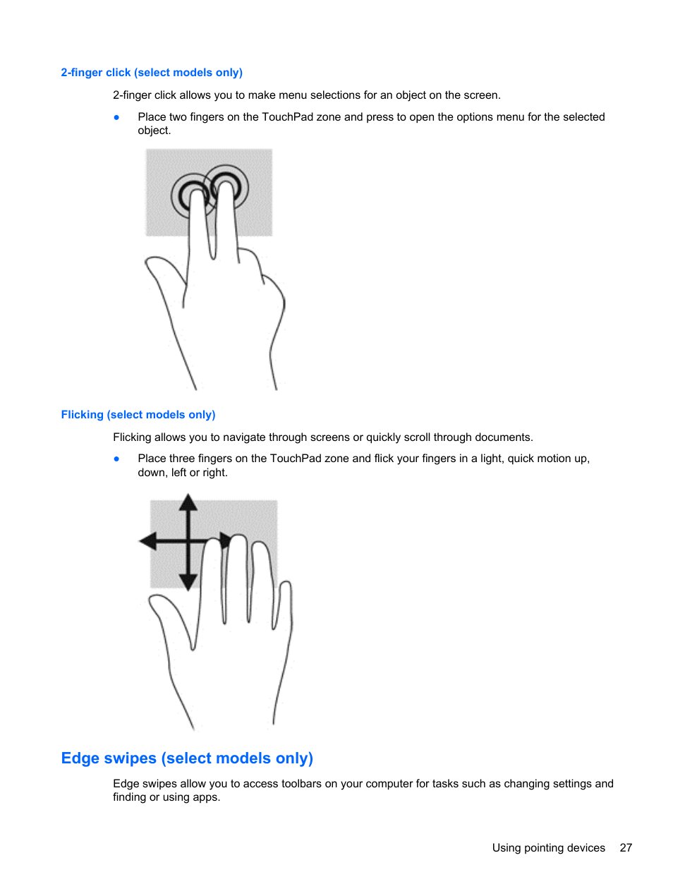 Finger click (select models only), Flicking (select models only), Edge swipes (select models only) | HP EliteBook 8770w Mobile Workstation User Manual | Page 39 / 128