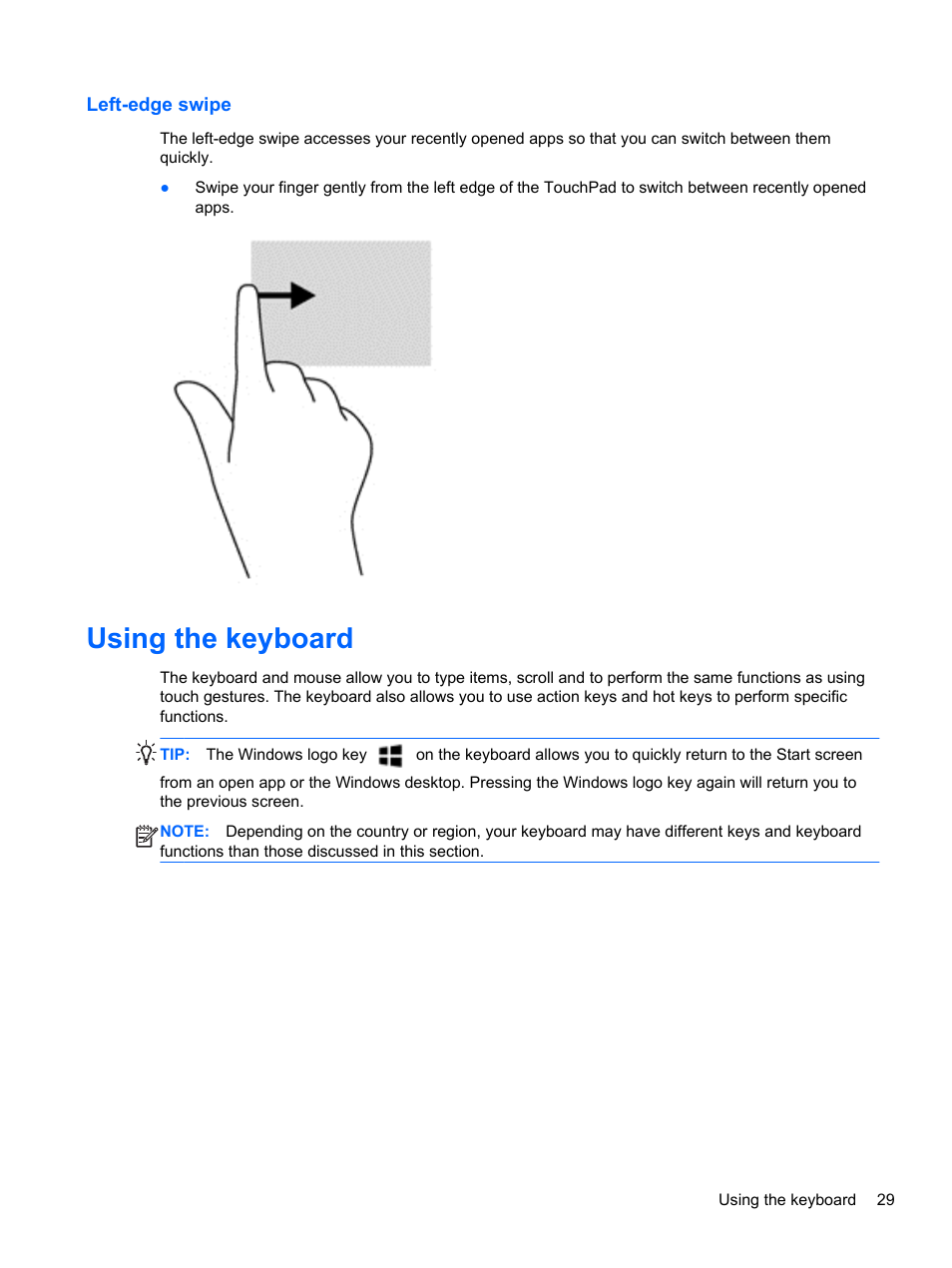 Left-edge swipe, Using the keyboard | HP EliteBook 8770w Mobile Workstation User Manual | Page 41 / 128