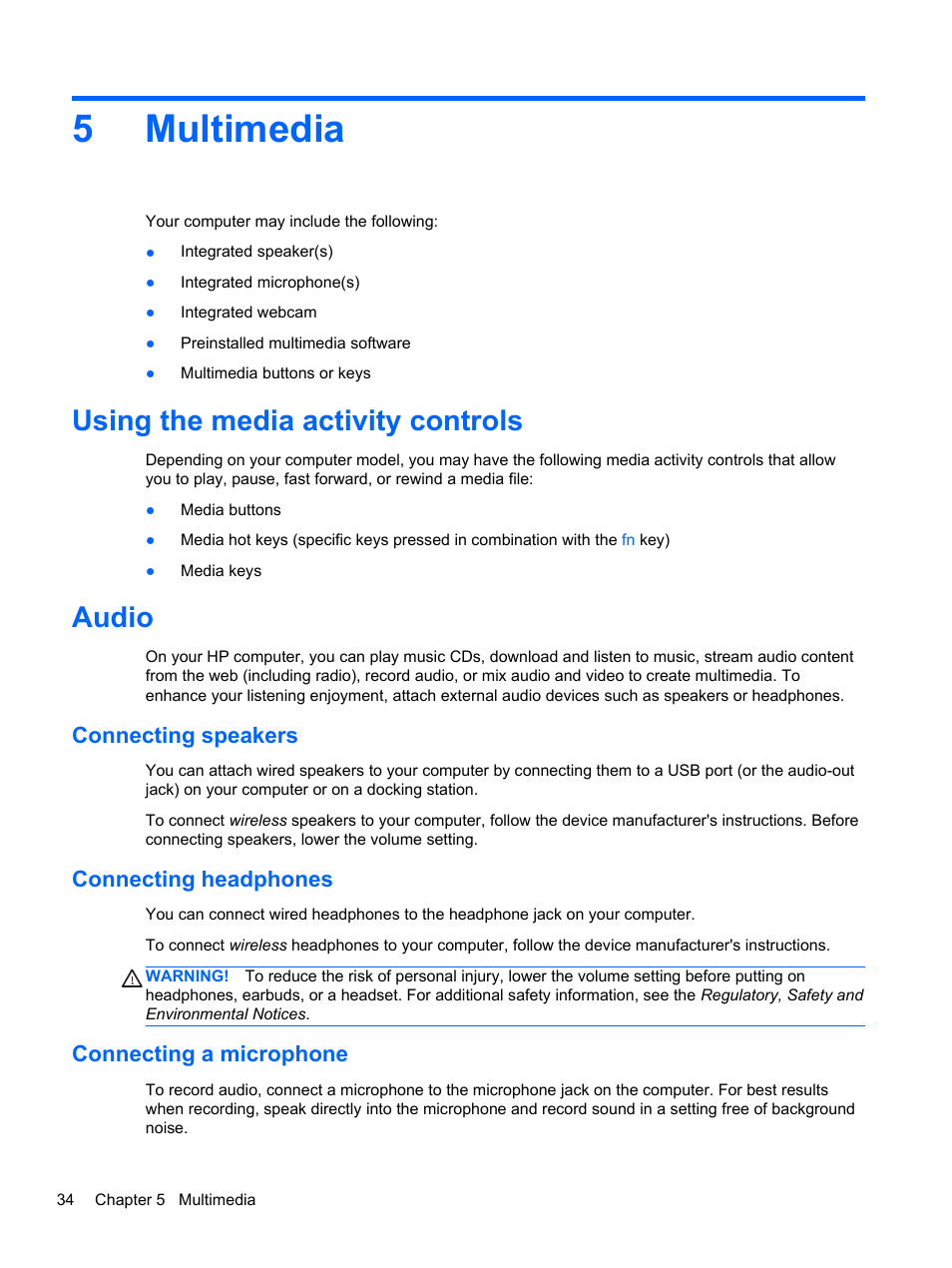 Multimedia, Using the media activity controls, Audio | Connecting speakers, Connecting headphones, Connecting a microphone, 5 multimedia, Using the media activity controls audio, 5multimedia | HP EliteBook 8770w Mobile Workstation User Manual | Page 46 / 128