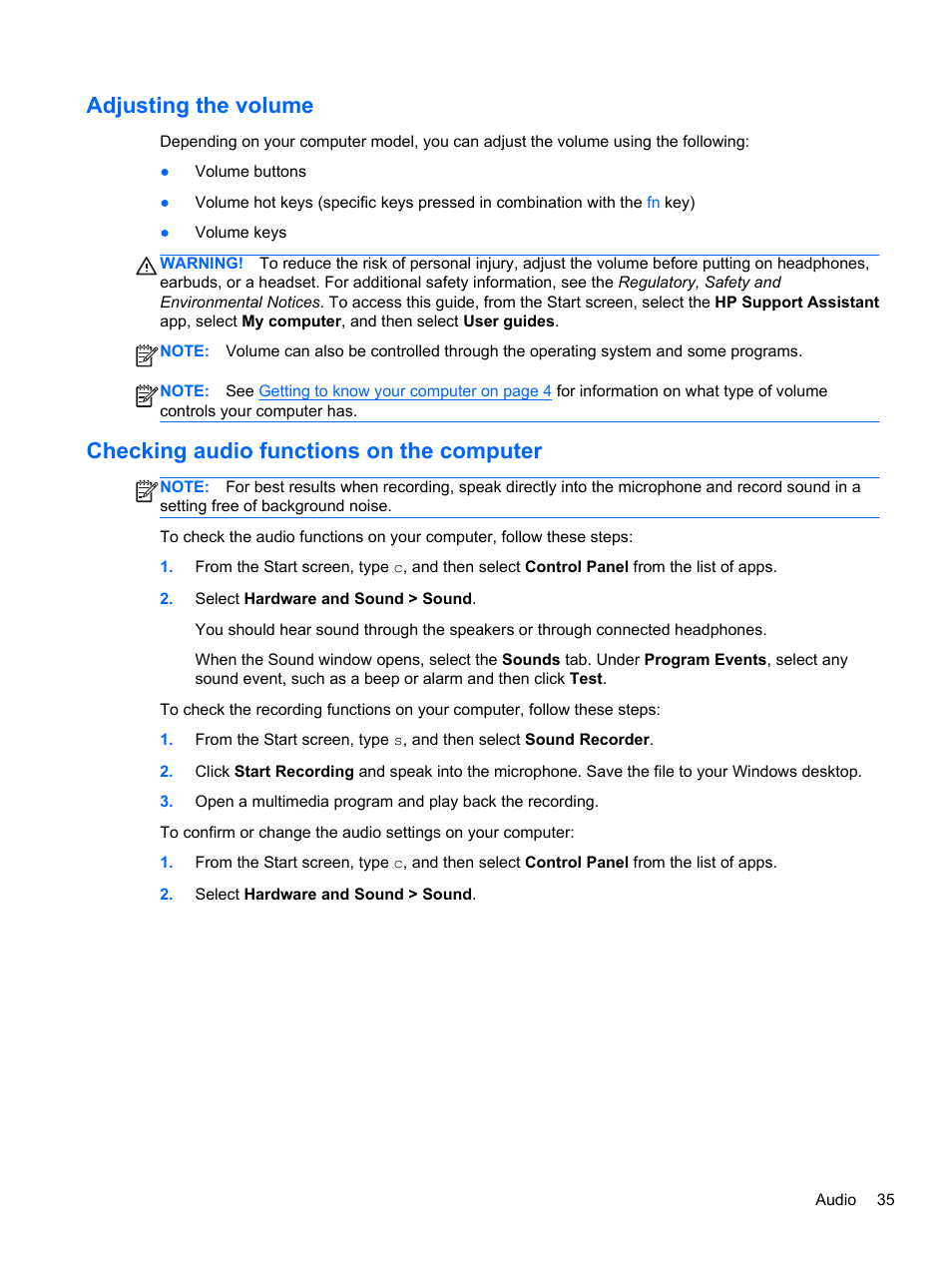 Adjusting the volume, Checking audio functions on the computer | HP EliteBook 8770w Mobile Workstation User Manual | Page 47 / 128