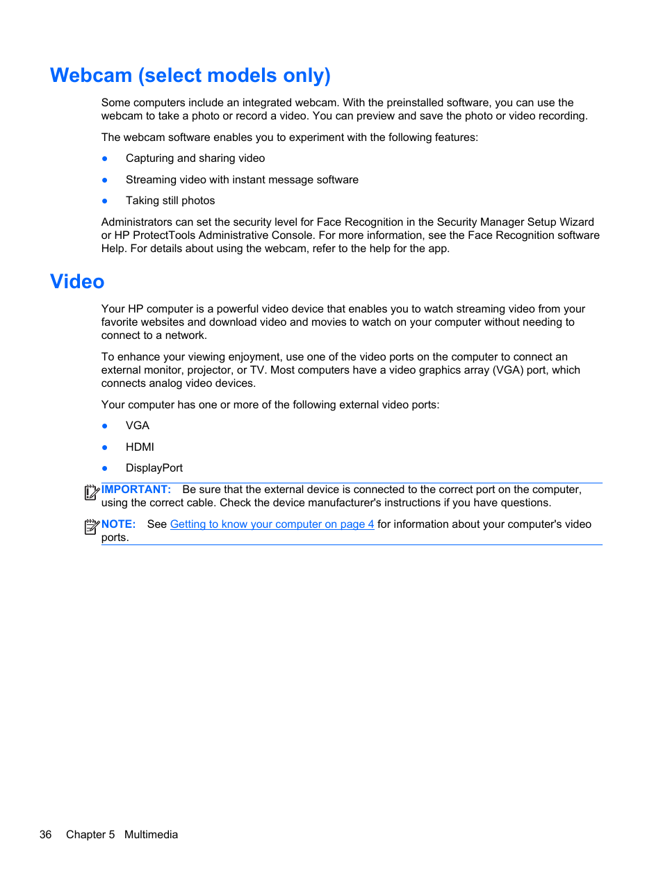 Webcam (select models only), Video, Webcam (select models only) video | HP EliteBook 8770w Mobile Workstation User Manual | Page 48 / 128