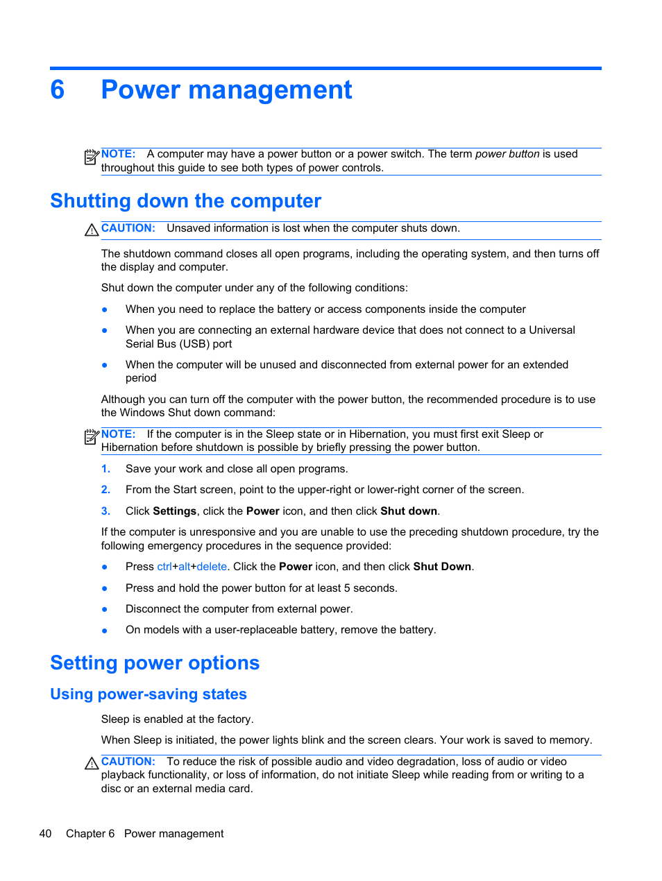 Power management, Shutting down the computer, Setting power options | Using power-saving states, 6 power management, 6power management | HP EliteBook 8770w Mobile Workstation User Manual | Page 52 / 128