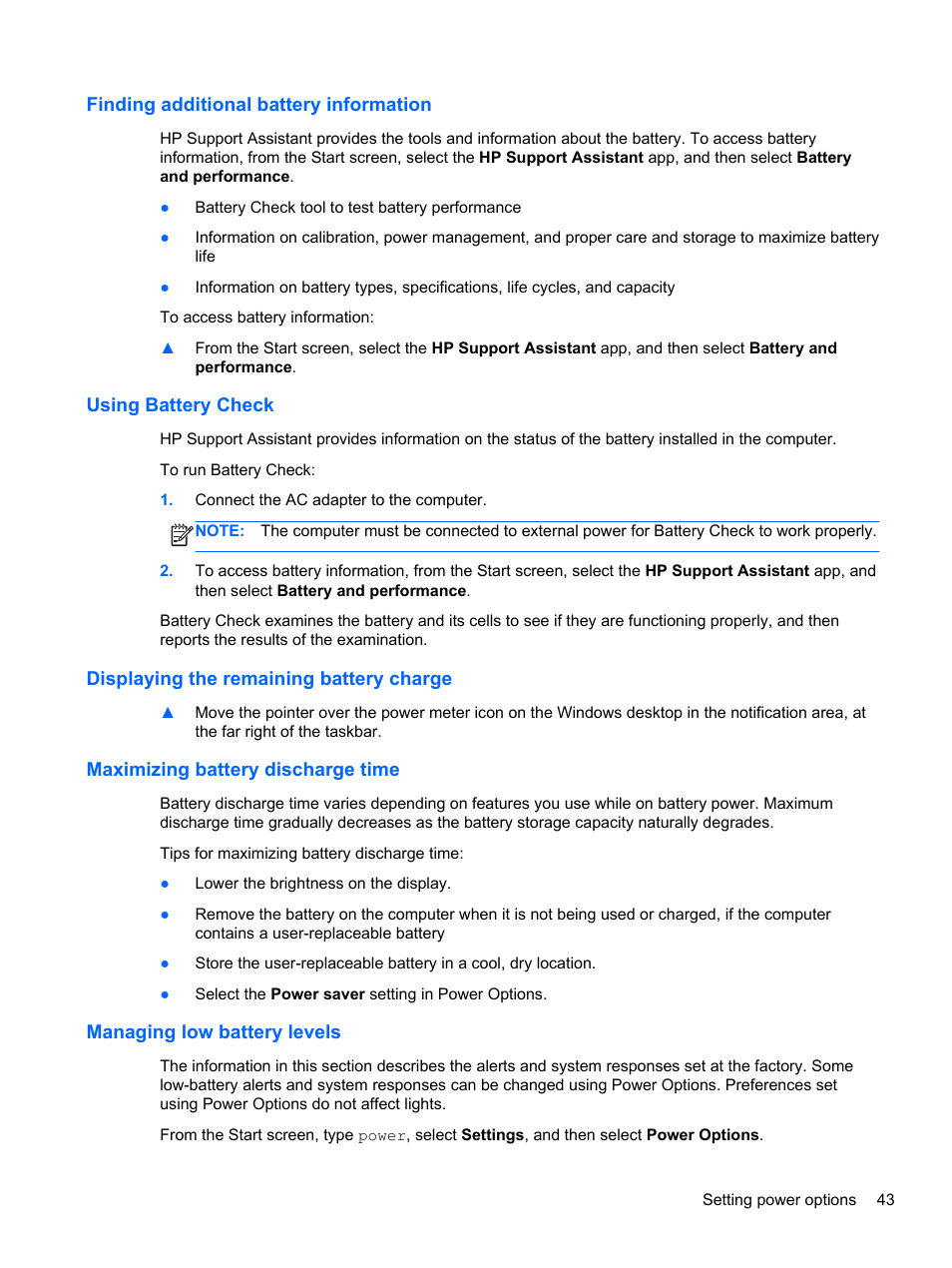Finding additional battery information, Using battery check, Displaying the remaining battery charge | Maximizing battery discharge time, Managing low battery levels | HP EliteBook 8770w Mobile Workstation User Manual | Page 55 / 128