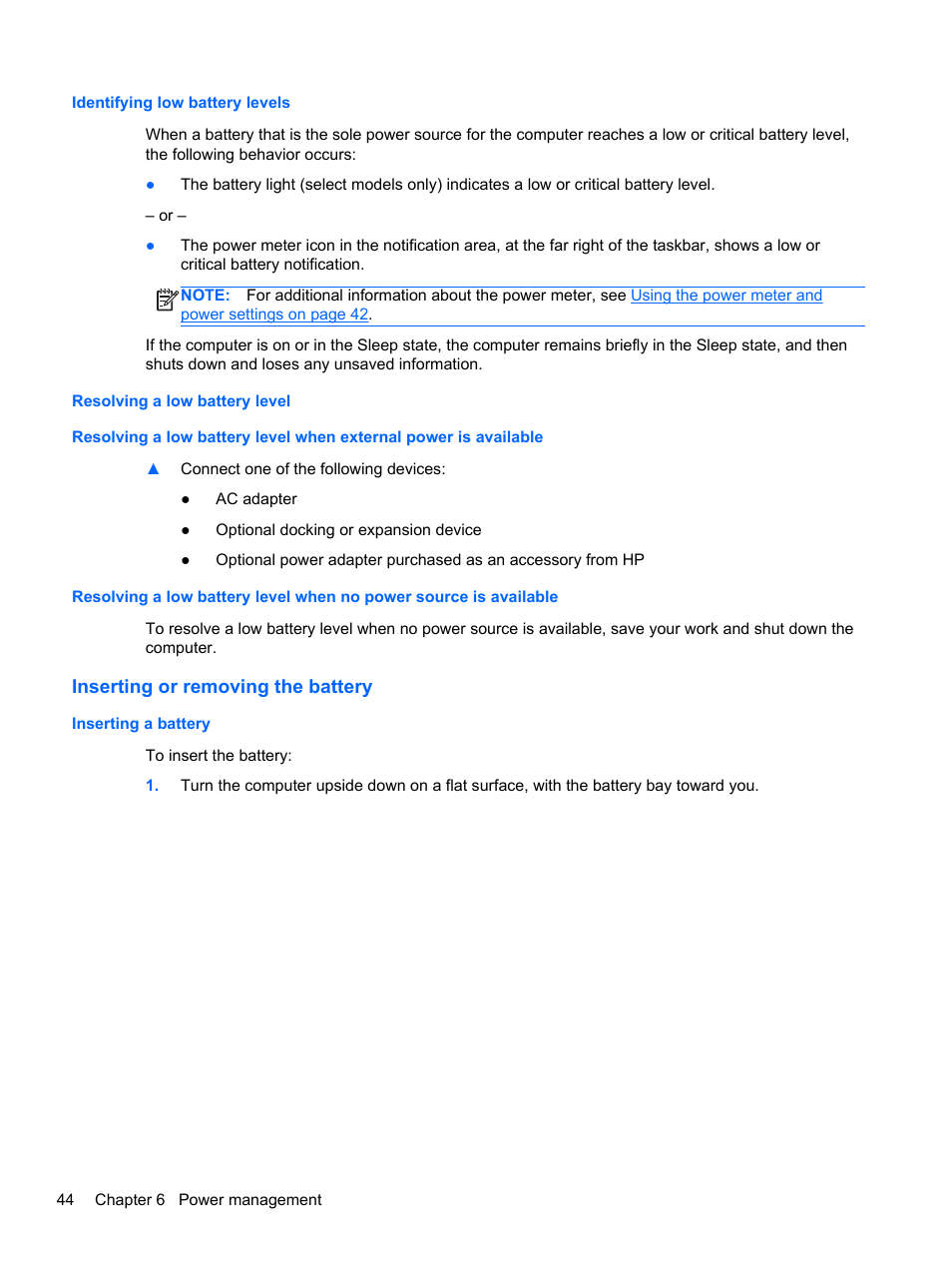 Identifying low battery levels, Resolving a low battery level, Inserting or removing the battery | Inserting a battery | HP EliteBook 8770w Mobile Workstation User Manual | Page 56 / 128