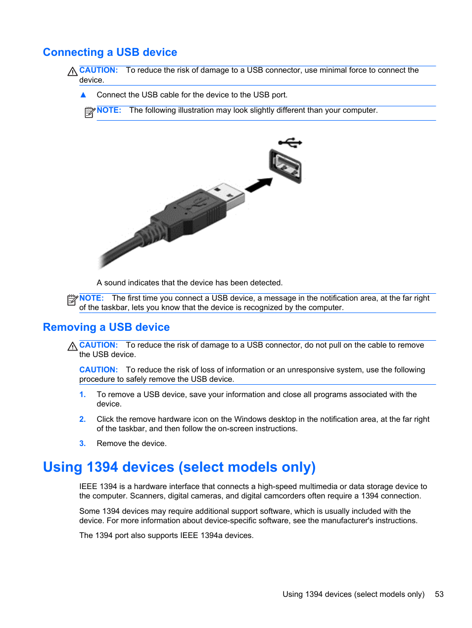 Connecting a usb device, Removing a usb device, Using 1394 devices (select models only) | Connecting a usb device removing a usb device | HP EliteBook 8770w Mobile Workstation User Manual | Page 65 / 128