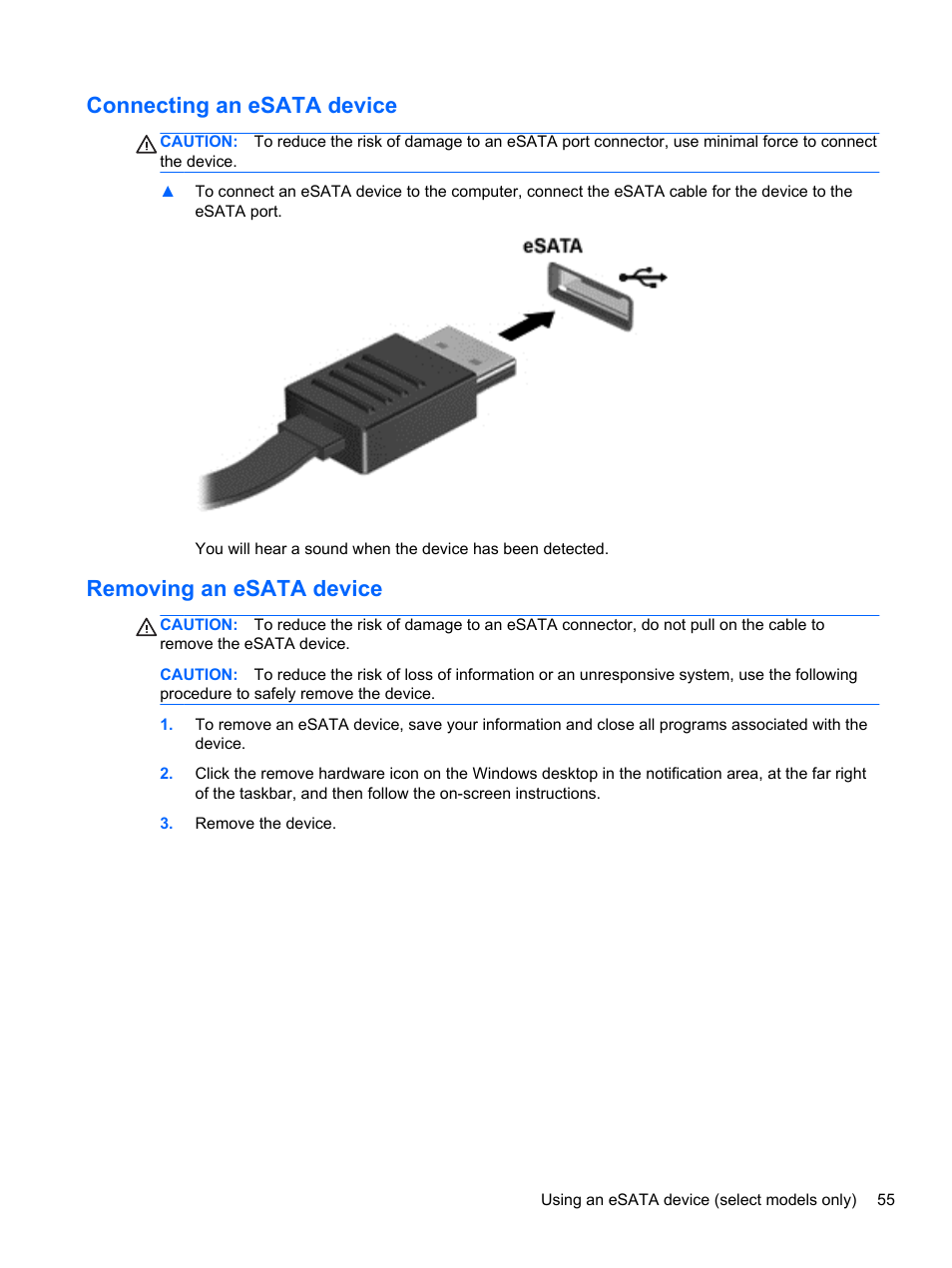 Connecting an esata device, Removing an esata device | HP EliteBook 8770w Mobile Workstation User Manual | Page 67 / 128