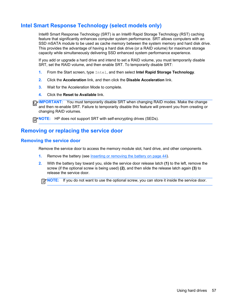Removing or replacing the service door, Removing the service door | HP EliteBook 8770w Mobile Workstation User Manual | Page 69 / 128