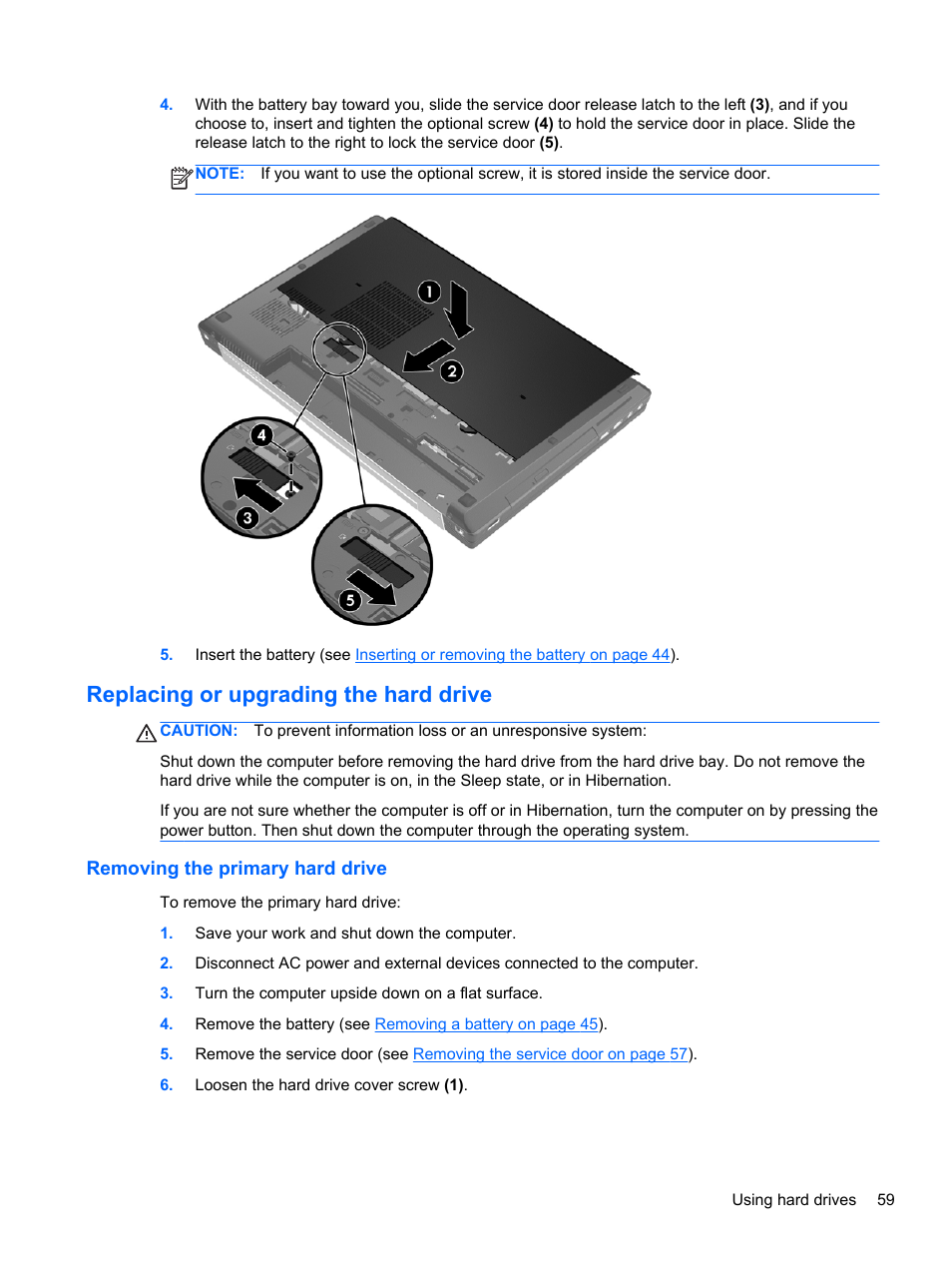 Replacing or upgrading the hard drive, Removing the primary hard drive | HP EliteBook 8770w Mobile Workstation User Manual | Page 71 / 128