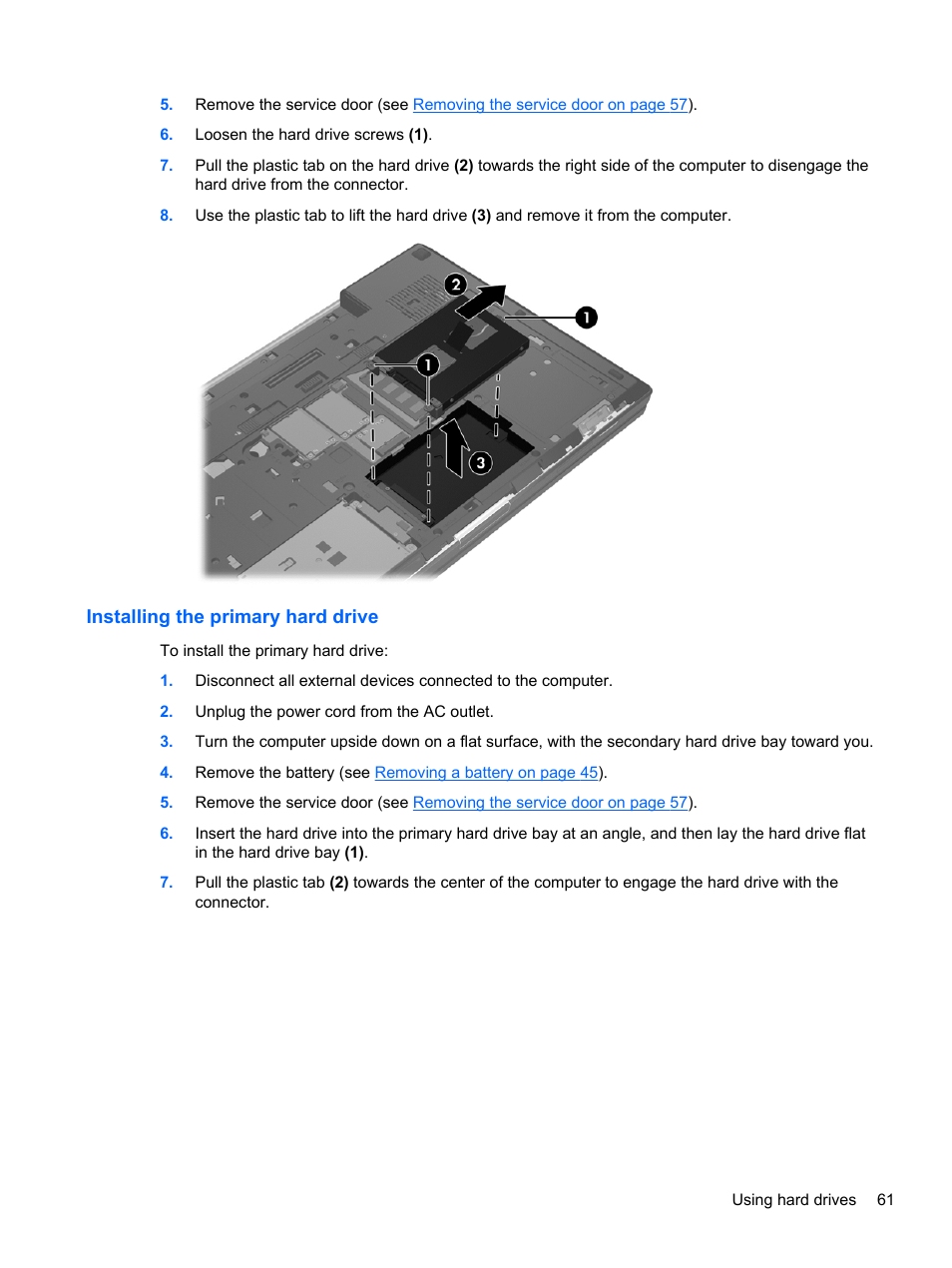 Installing the primary hard drive | HP EliteBook 8770w Mobile Workstation User Manual | Page 73 / 128