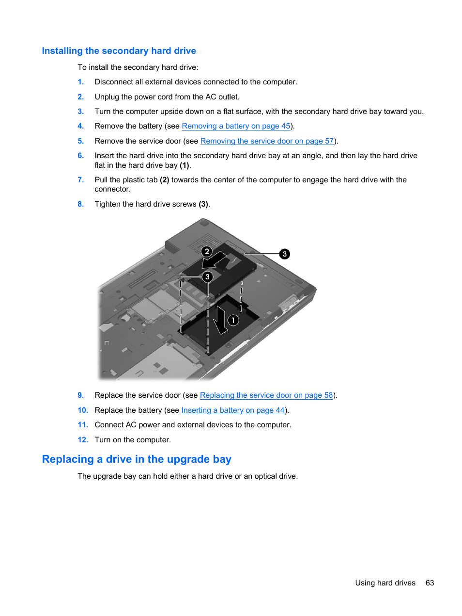 Installing the secondary hard drive, Replacing a drive in the upgrade bay | HP EliteBook 8770w Mobile Workstation User Manual | Page 75 / 128