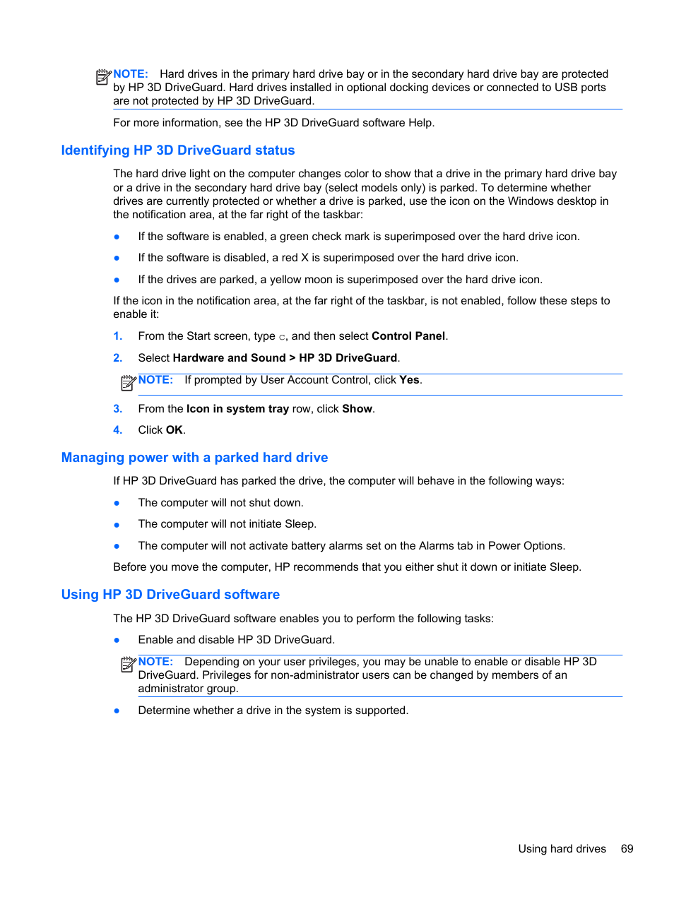 Identifying hp 3d driveguard status, Managing power with a parked hard drive, Using hp 3d driveguard software | HP EliteBook 8770w Mobile Workstation User Manual | Page 81 / 128