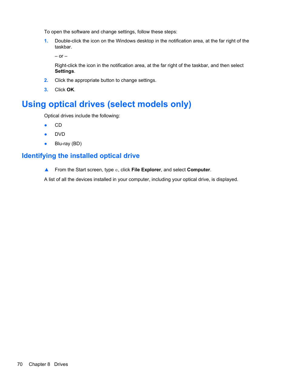 Using optical drives (select models only), Identifying the installed optical drive | HP EliteBook 8770w Mobile Workstation User Manual | Page 82 / 128