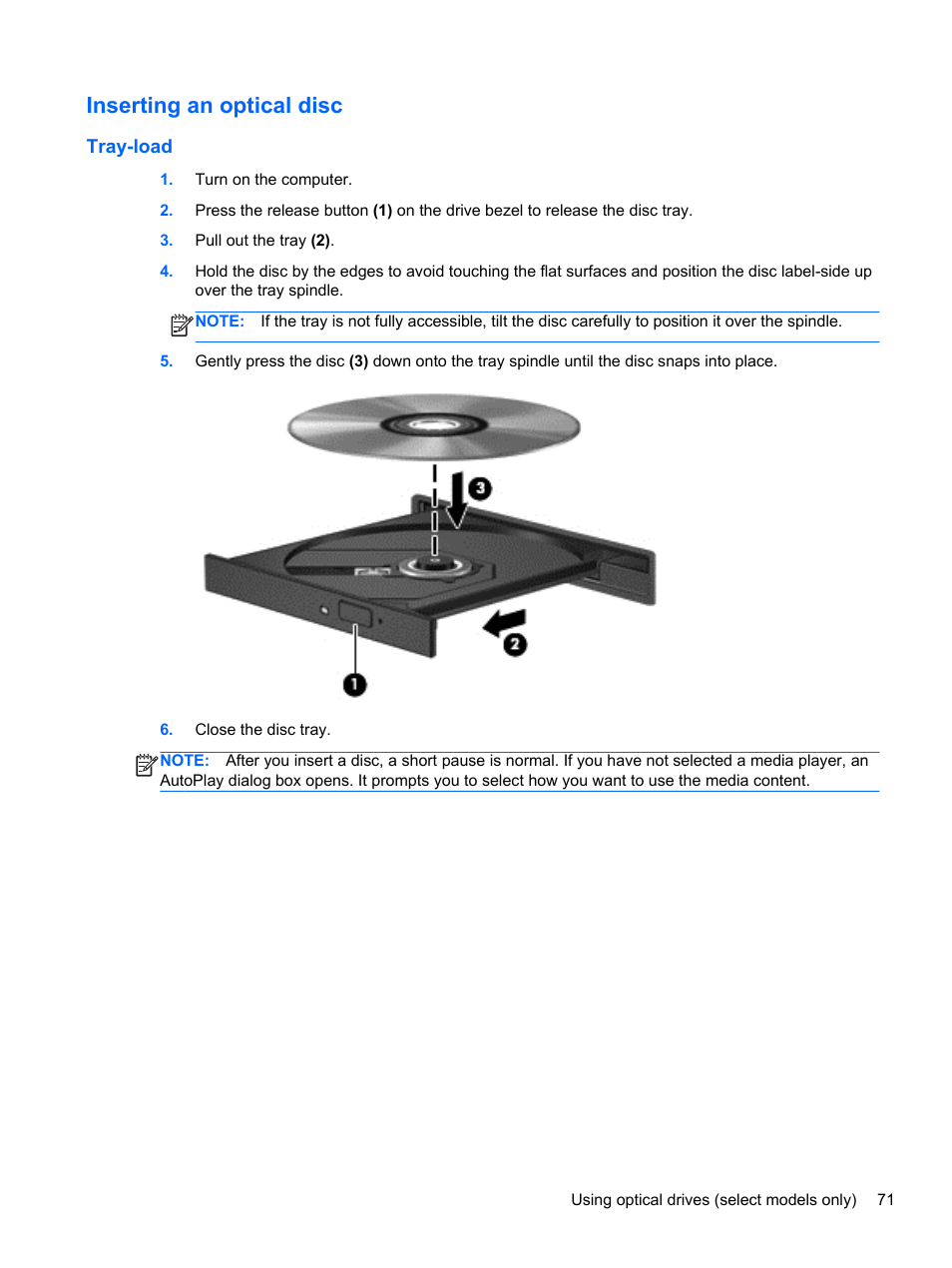 Inserting an optical disc, Tray-load | HP EliteBook 8770w Mobile Workstation User Manual | Page 83 / 128