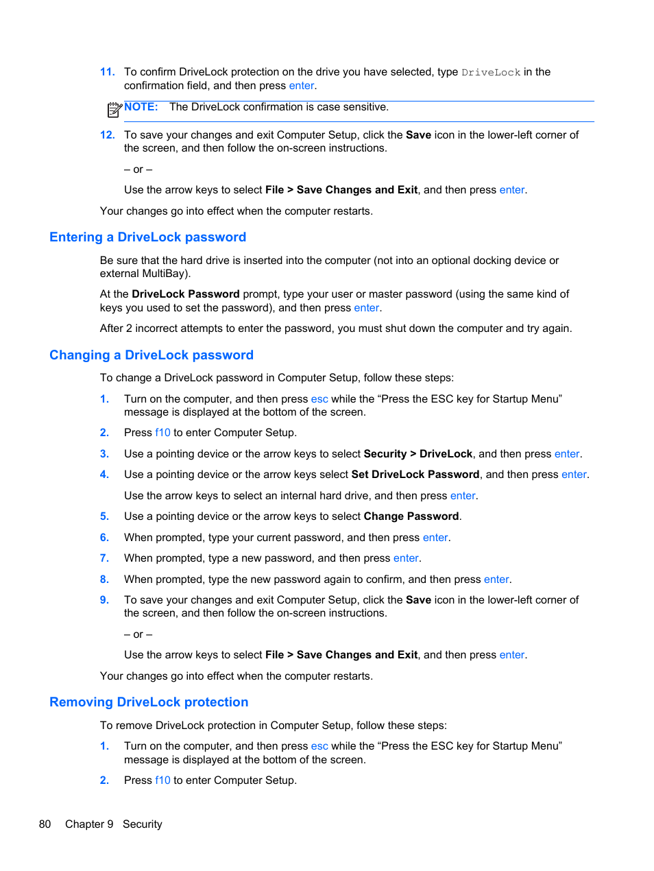 Entering a drivelock password, Changing a drivelock password, Removing drivelock protection | HP EliteBook 8770w Mobile Workstation User Manual | Page 92 / 128