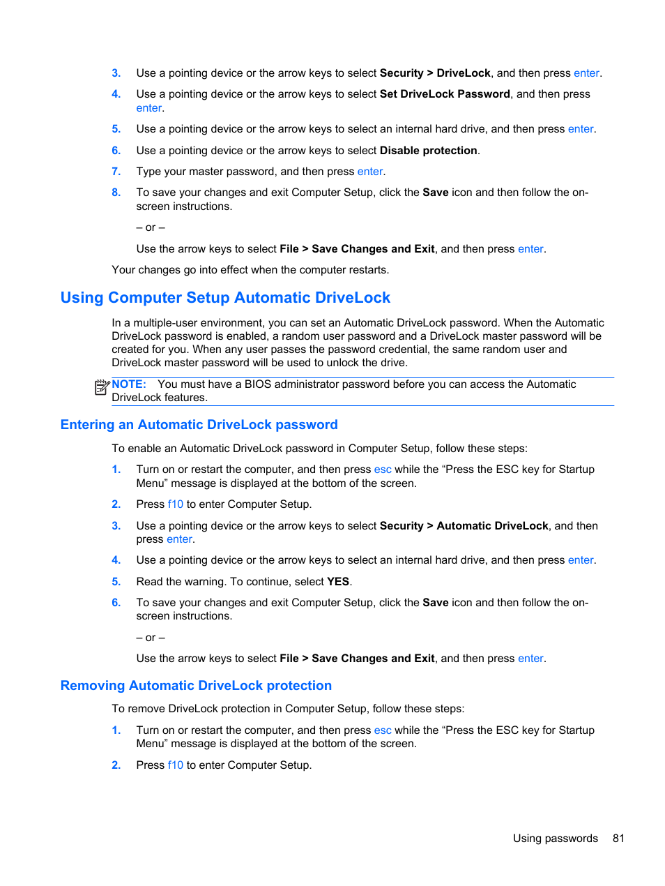 Using computer setup automatic drivelock, Entering an automatic drivelock password, Removing automatic drivelock protection | HP EliteBook 8770w Mobile Workstation User Manual | Page 93 / 128