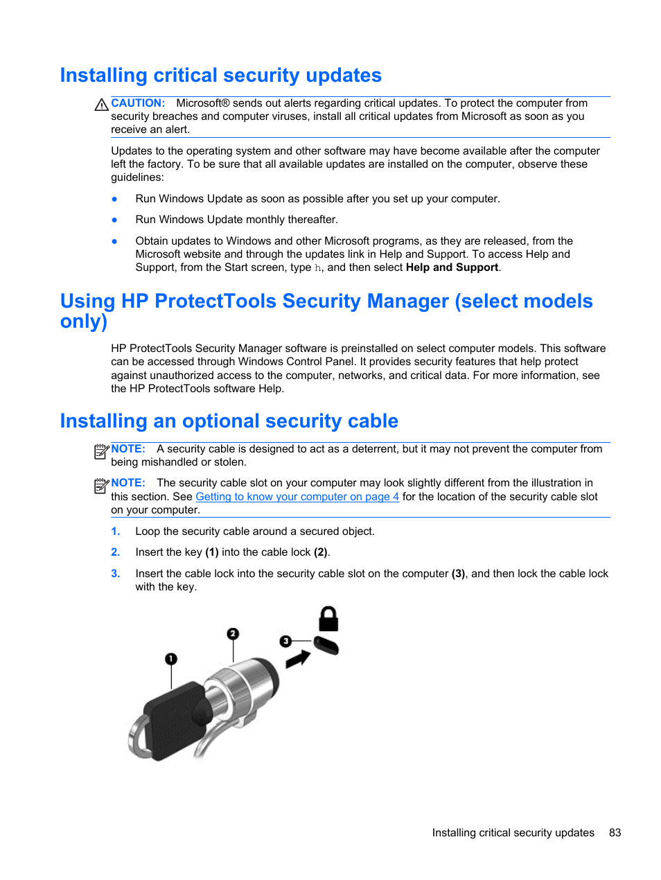 Installing critical security updates, Installing an optional security cable | HP EliteBook 8770w Mobile Workstation User Manual | Page 95 / 128