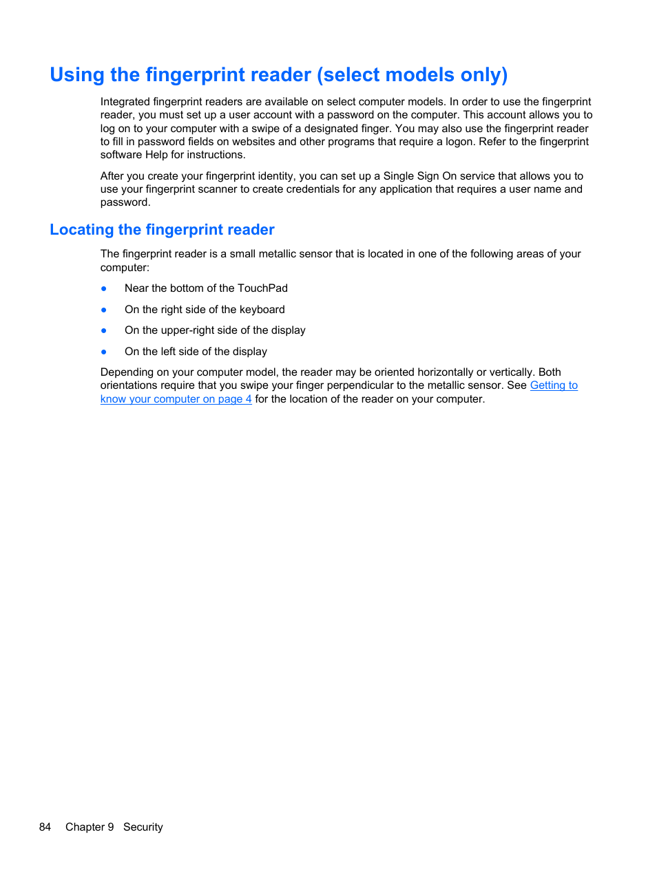 Using the fingerprint reader (select models only), Locating the fingerprint reader | HP EliteBook 8770w Mobile Workstation User Manual | Page 96 / 128