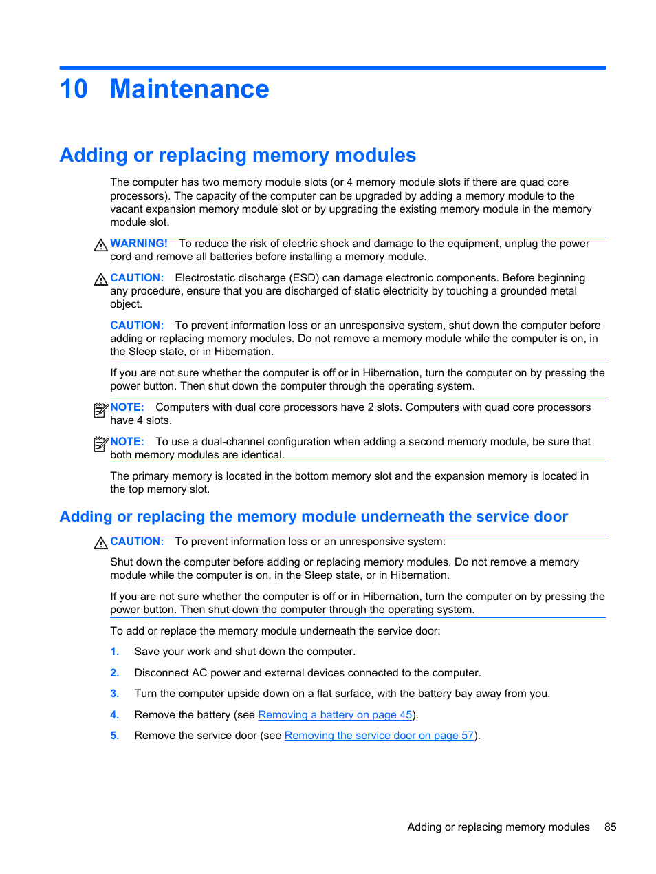 Maintenance, Adding or replacing memory modules, 10 maintenance | HP EliteBook 8770w Mobile Workstation User Manual | Page 97 / 128