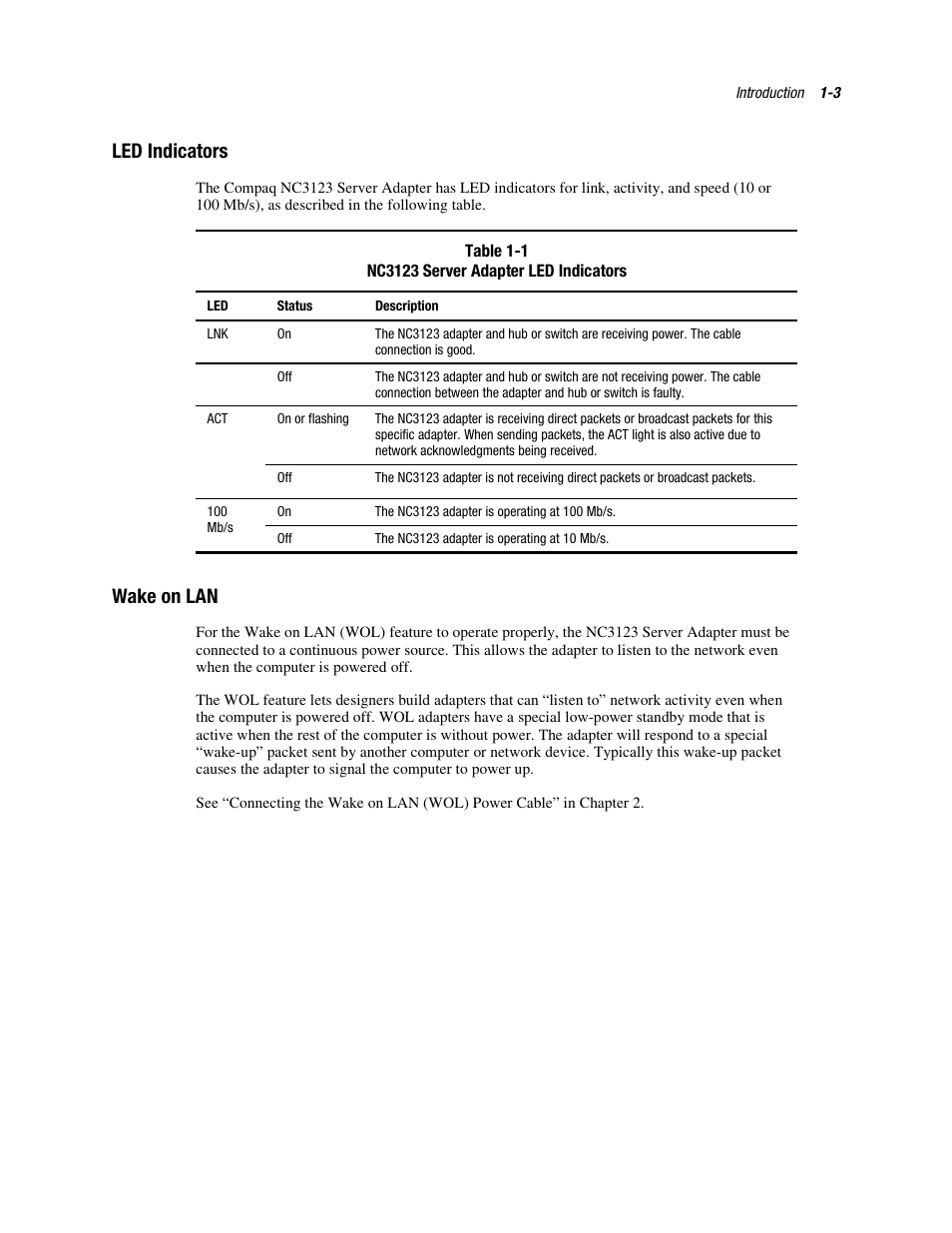 Led indicators, Wake on lan, Led indicators -3 | Wake on lan -3 | HP Compaq NC3123 Fast Ethernet NIC PCI Adapter User Manual | Page 11 / 22