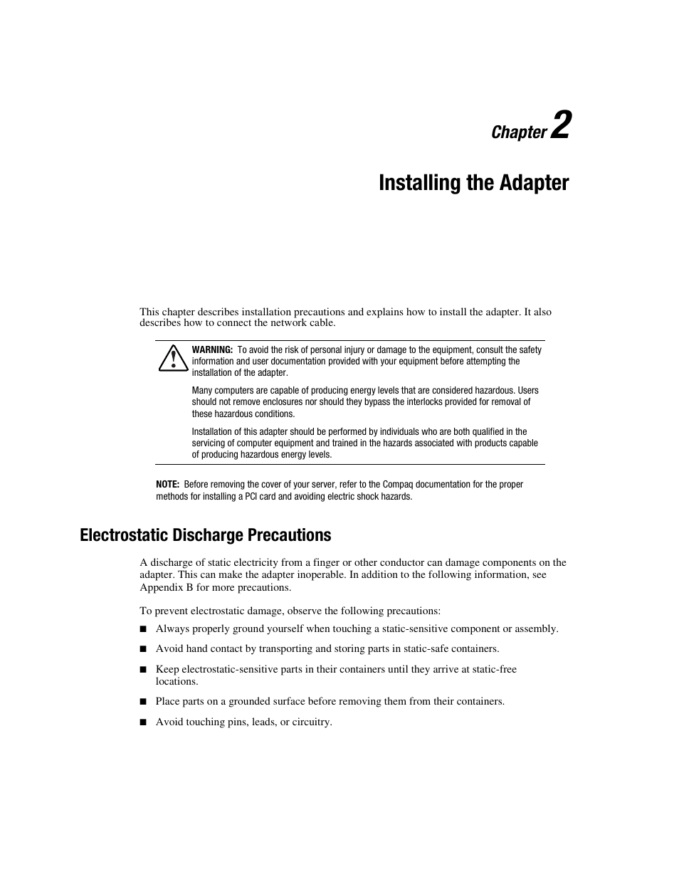 Chapter 2: installing the adapter, Electrostatic discharge precautions, Chapter 2 | Installing the adapter, Electrostatic discharge precautions -1, Chapter | HP Compaq NC3123 Fast Ethernet NIC PCI Adapter User Manual | Page 12 / 22